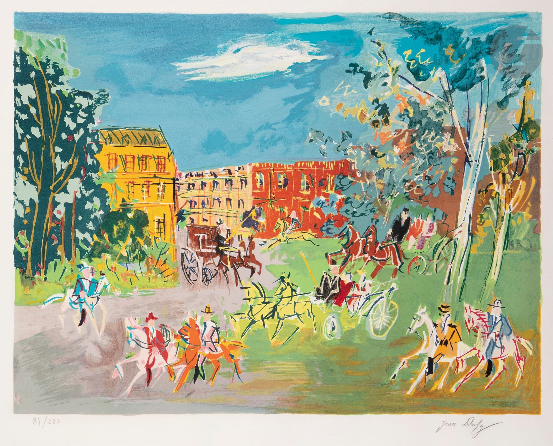 Jean Dufy (1888-1964) 
Bois de Boulogne. Circa 1950. Lithograph. 630x480. Printed in color. A very fine, fresh proof on white vellum, numbered and signed in pencil. Short tear and small dent at head of folio. Full margins. Edition of 225 proofs. Guilde de la Gravure, Lausanne, ed.