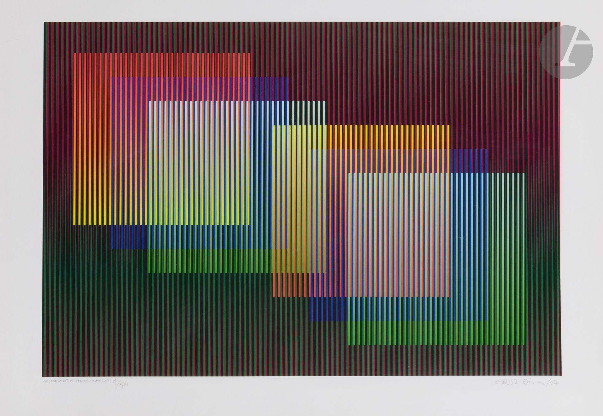 Carlos Eduardo Cruz-Diez (vénézuélien, 1923-2019) 
Couleur additive («Chromointerférence»). 2007. Sérigraphie en couleurs. À vue: 590x420. Très belle épreuve sur vélin blanc, numérotée, signée et datée au crayon. Toutes marges. Tirage à 50 épreuves. Cadre.