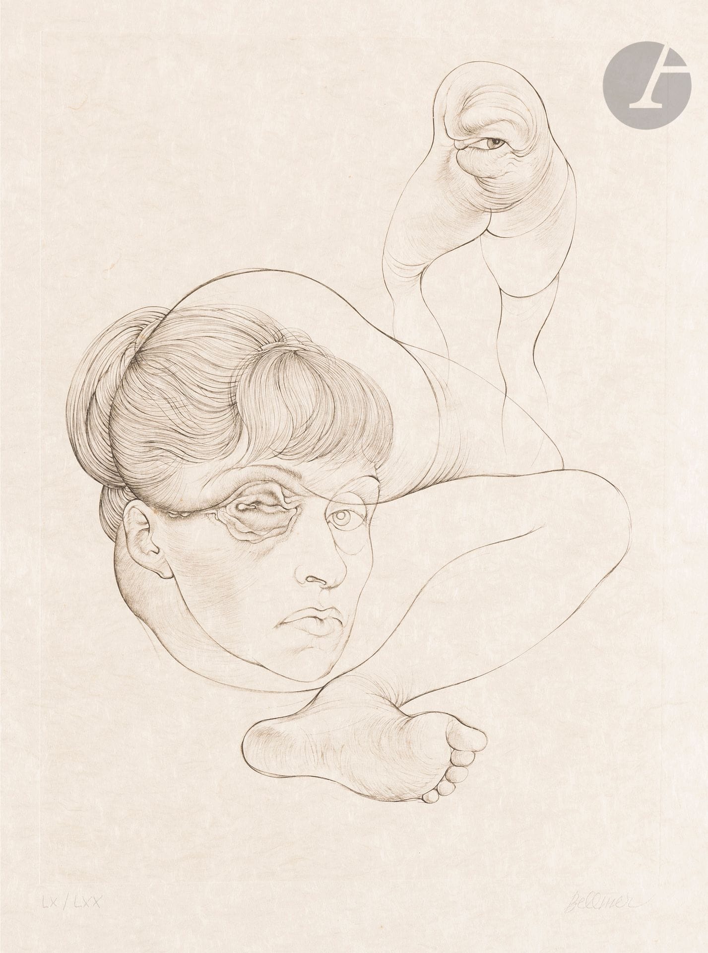 Hans Bellmer (1902-1975) 
Ünica avec l’œil-sexe. (Pl. pour Unterweisungen der Sexualität I – Études sur la sexualité I, Berlin, éd. Propyläen, 1971). Burin par Cécile Reims. À vue: 365x495. Flahutez 82.2. Très belle épreuve, l’une des 70 sur japon nacré, numérotée en chiffres romains et signée au crayon. Belles marges. Cadre (sans verre).