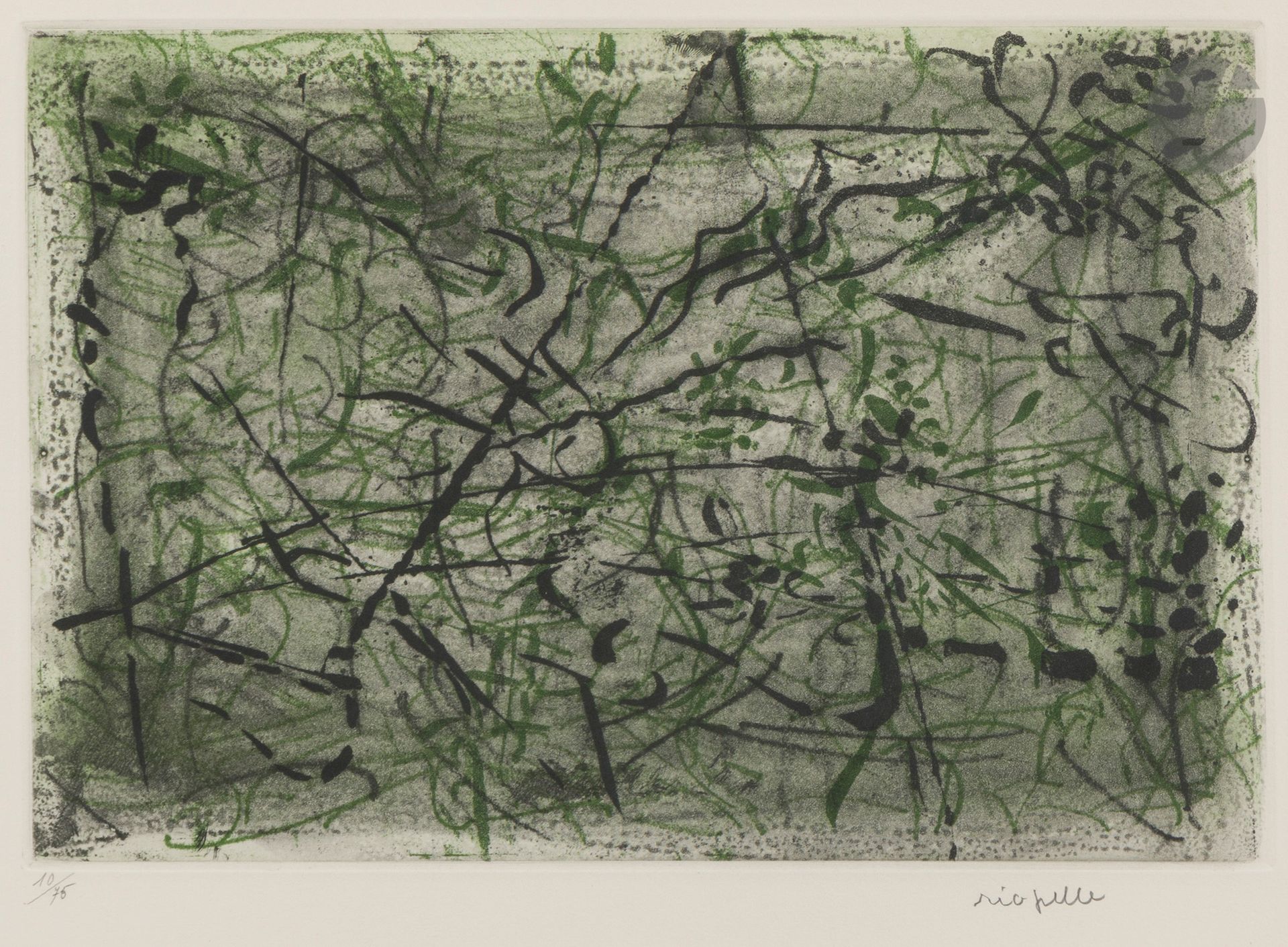 Jean-Paul Riopelle (canadien, 1923-2002) 
Glauque. 1967. Eau-forte et aquatinte. 292x195. Riopelle 1967. 19EST.GR. Impression en couleurs. Très belle épreuve sur vélin ivoire, numérotée et signée au crayon. Toutes marges. Tirage à 75 épreuves. Maeght éd. Cadre.