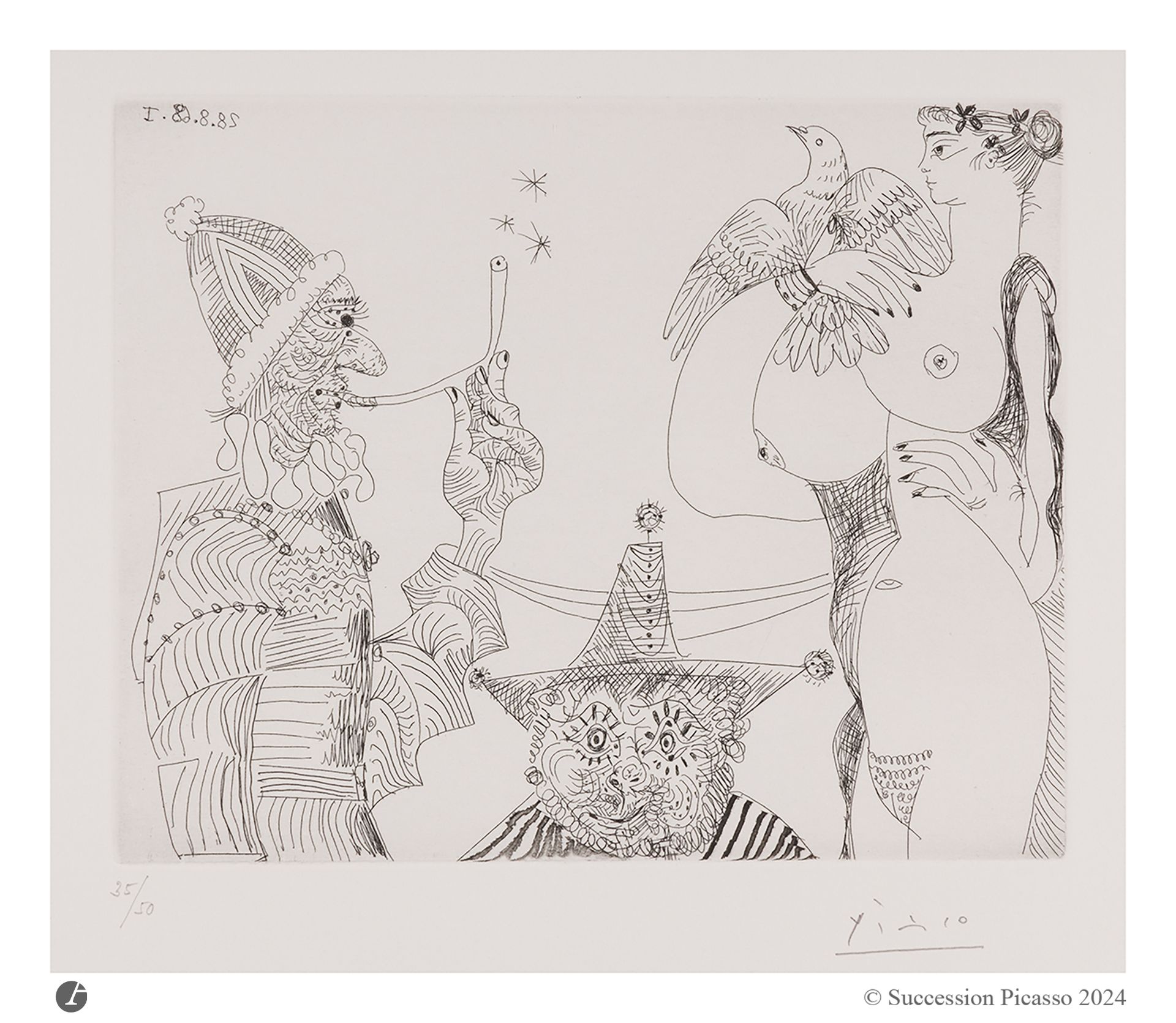 Pablo Picasso (1881-1973) 
Rêveries d’opium: fumeur en calotte papale découvrant le mystère de la Trinité… (Les 347, pl. 295). 28 août 1968. Eau-forte. 205x165. Bloch 1775; Baer 1792 B b 1. Parfaite épreuve sur vélin crème, numérotée et signée au crayon. Toutes marges [332x280]. Tirage à 50 épreuves. Éd. de la galerie Louise Leiris.
© Succession Picasso 2024