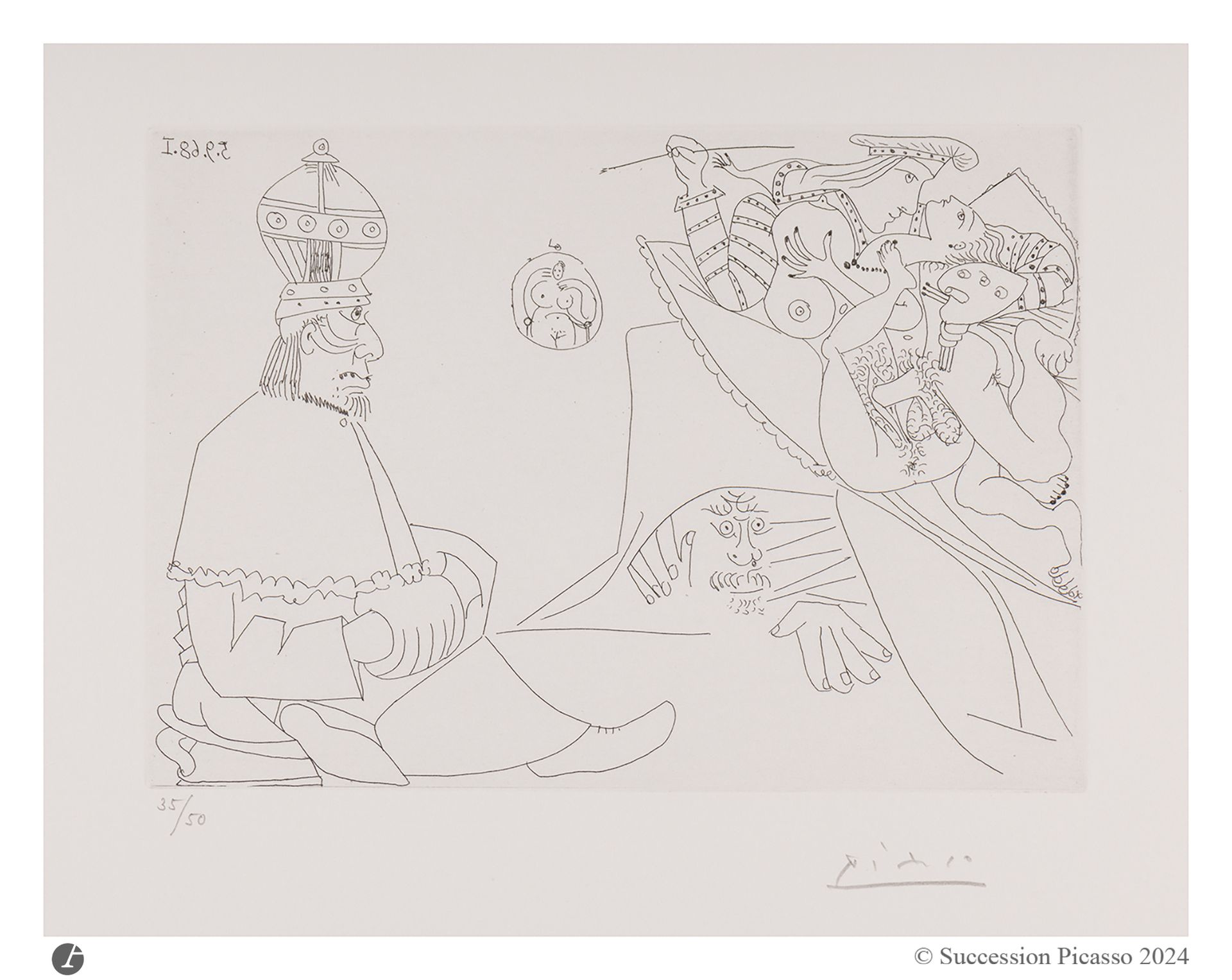 Pablo Picasso (1881-1973) 
Raphaël et la Fornarina XIX: pape sur son pot; avec tiare et manchon; Michel-Ange est caché sous le lit. (Les 347, pl. 314). 5 septembre 1968. Eau-forte. 208x148. Bloch 1794; Baer1811 B b 1. Parfaite épreuve sur vélin crème, numérotée et signée au crayon. Toutes marges [350x280]. Tirage à 50 épreuves. Éd. de la galerie Louise Leiris.
© Succession Picasso 2024