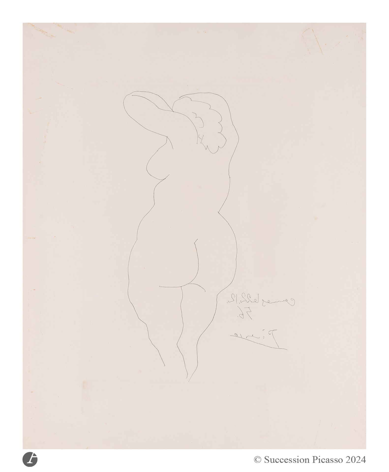 Pablo Picasso (1881-1973) 
Femme nue de dos. 22 décembre 1956. (Frontispice pour J. Cocteau, Témoignage, Paris, P. Bertrand éd., 1955-1957). Eau-forte. 270x415. Bloch 822; Baer 962 C d; Cramer 80. Très belle épreuve sur vélin crème, d’un tirage à part, non signée. Traces d’oxydation et petites traces de rouille (provenant pour partie d’anciens trombones). Deux petits restes d’adhésif dans les angles supérieurs au verso. Ancien feuillet de papier avec annotations manuscrites collé en bas du feuillet au verso par deux morceaux d’adhésif oxydés. Toutes marges [440x543].
© Succession Picasso 2024