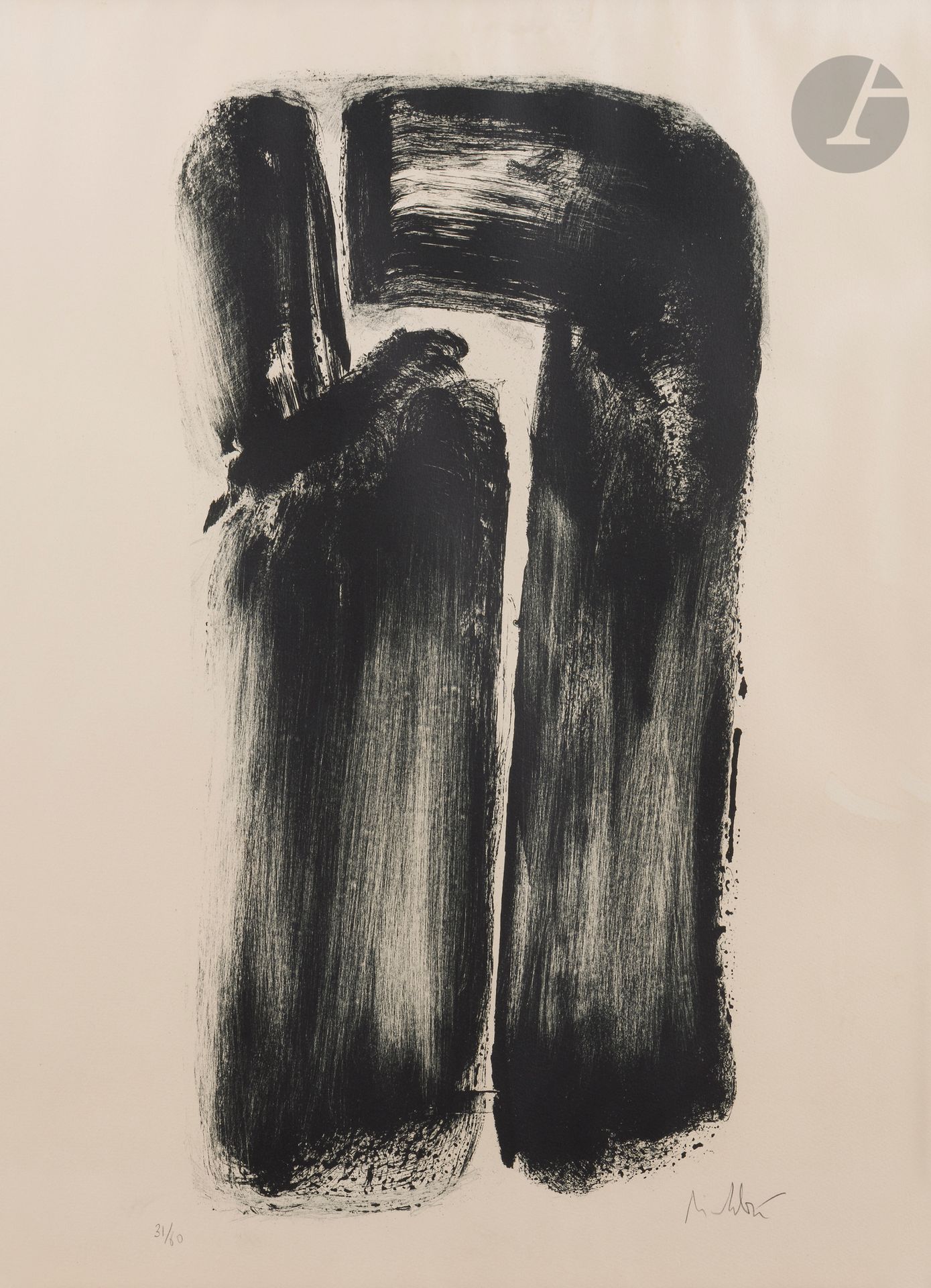 Olivier Debré (1920-1999) 
Signe-personnage, ou Signe noir. 1978. Lithographie. À vue: 550x750. Pernoud 374. Belle épreuve sur vélin ivoire, numérotée et signée au crayon. Petites ondulations et légère oxydation du feuillet en tête, causées par l’humidité. Toutes marges. Tirage à 60 épreuves. Sorensen, Danemark éd. Cadre.