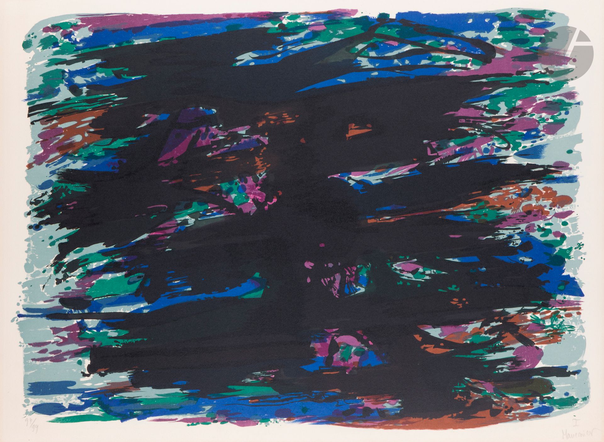 Alfred Manessier (1911-1993) 
Le Jardin des oliviers. (Pl. I pour Quinze lithographies sur le thème de Pâques). 1978. Zincographie. 755x555. Impression en couleurs. Très belle épreuve sur vélin, numérotée et signée au crayon. Toutes marges. Tirage à 99 épreuves. Ediciones Polígrafa S.A. éd.