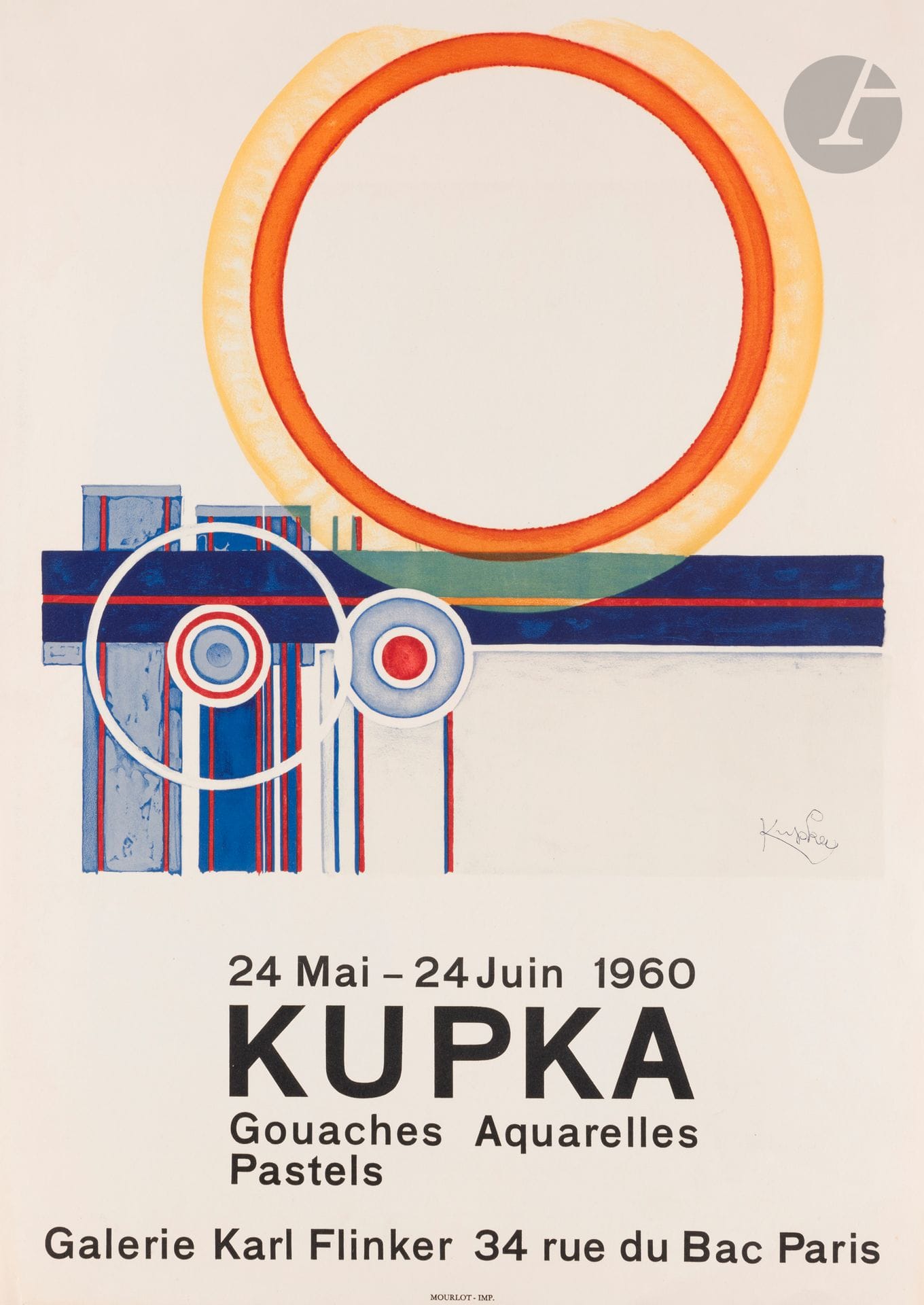 František Kupka (tchèque, 1871-1957) (d’après) 
Kupka, Gouaches Aquarelles Pastels. Affiche pour une exposition de l’artiste à la galerie Flinker, Paris. 1960. Lithographie (Mourlot imp.). La feuille: 450x630. Impression en couleurs. Très belle épreuve sur vélin. Quelques traces de plis.