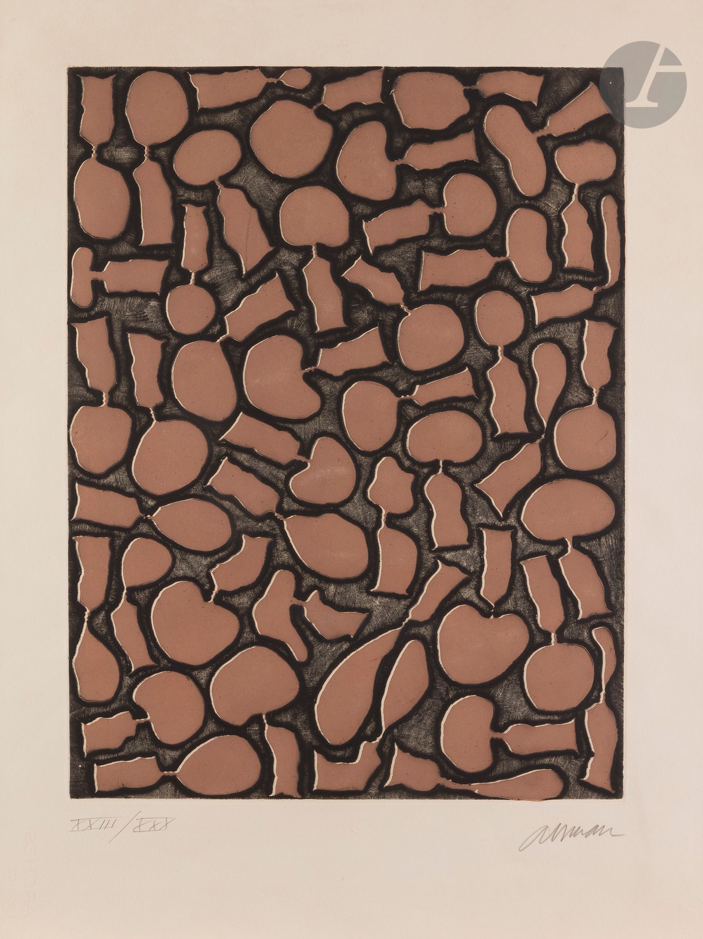 Arman (Armand Fernandez, known as) (1928-2005) 
Pl. for the collective album Bonjour Max Ernst. 1976. Etching and aquatint. 375x493. Color print. Otmezguine and Moreau 267. Fine proof on cream vellum, one of 30 numbered in Roman numerals and signed in pencil (in addition to 100 ordinary proofs). Fine band of oxidation at the edges of the folio. Heavy oxidation on verso. Full margins. G.Visat ed.