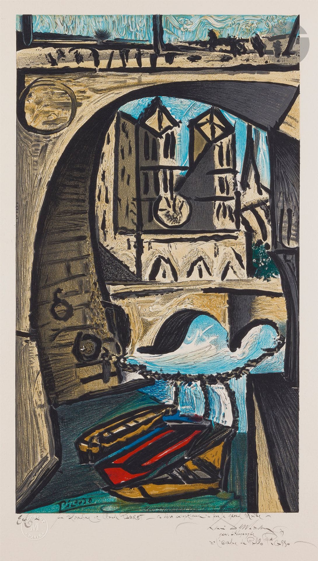 Pablo Picasso (1881-1973) (d’après) 
La Seine et Notre-Dame. 1979. Lithographie par Henri Deschamps. 262x460. Impression en couleurs. Très belle épreuve sur vélin crème, justifiée «EA», dédicacée, signée «Henri Deschamps / grav. Lithographe / de l’ordre de Pablo Picasso» et datée au crayon. Toutes marges. Timbre sec: Mourlot Paris.
