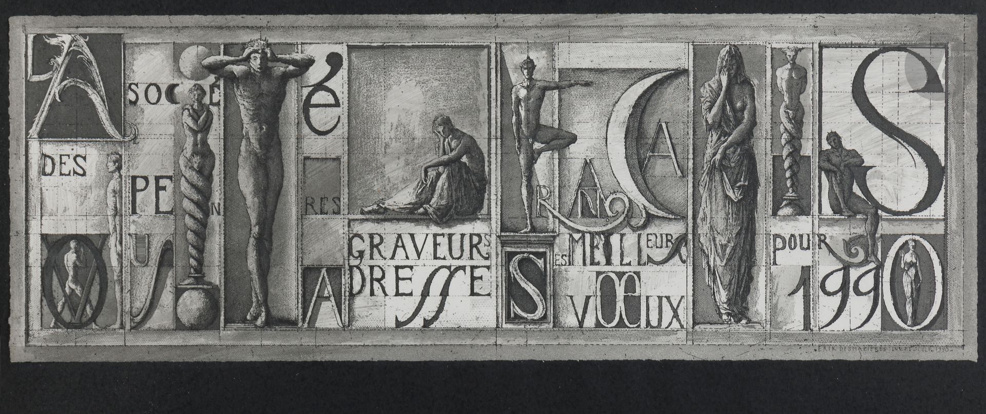 Érik Desmazières (né en 1948) 
Carte de vœux pour les Peintres-Graveurs Français. 1990. Eau-forte, aquatinte et roulette. 460x160. Fitch-Febvrel 121. Très belle épreuve tirée pleines marges sur vélin. Tirage à 250 épreuves. Cadre.