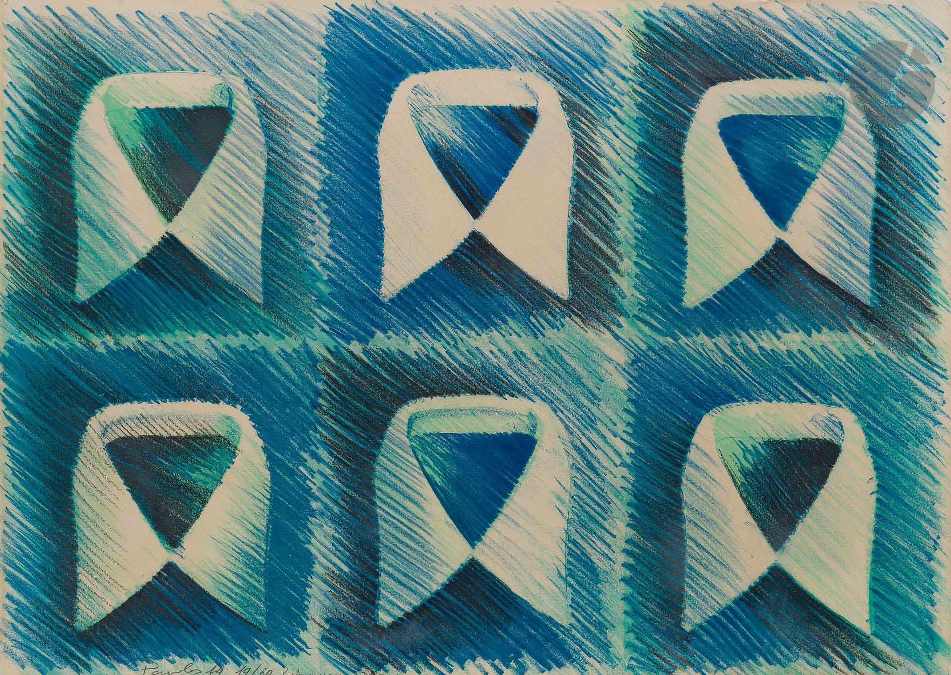 Pavlos (Pavlos Dionyssopoulos, dit) (grec, 1930-2019) 
Six chemises. 1979. Lithographie. La feuille: 660x485. Impression en couleurs. Très belle épreuve tirée pleine feuille sur vélin, avec rehauts aux crayons de couleurs, signée, datée, numérotée et annotée «rehaussée à la main» au crayon. Les bords du feuillet légèrement oxydés. Toutes marges. Tirage à 60 épreuves. Cadre.