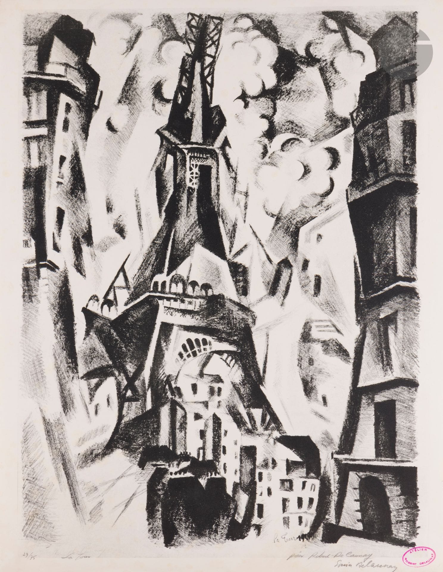 Robert Delaunay (1885-1941) (d’après) 
La Tour. Photolithographie d’après la lithographie originale de 1926, du tirage effectué en 1969 par Jacques Damase sous le contrôle de Sonia Delaunay. La feuille:500x650. Très belle et fraîche épreuve sur vélin blanc, numérotée, titrée et signée au crayon «pour Robert Delaunay / Sonia Delaunay». Toutes marges. Tirage à 75 épreuves. Timbre rose fuchsia de l’atelier Robert Delaunay en bas à droite du sujet.