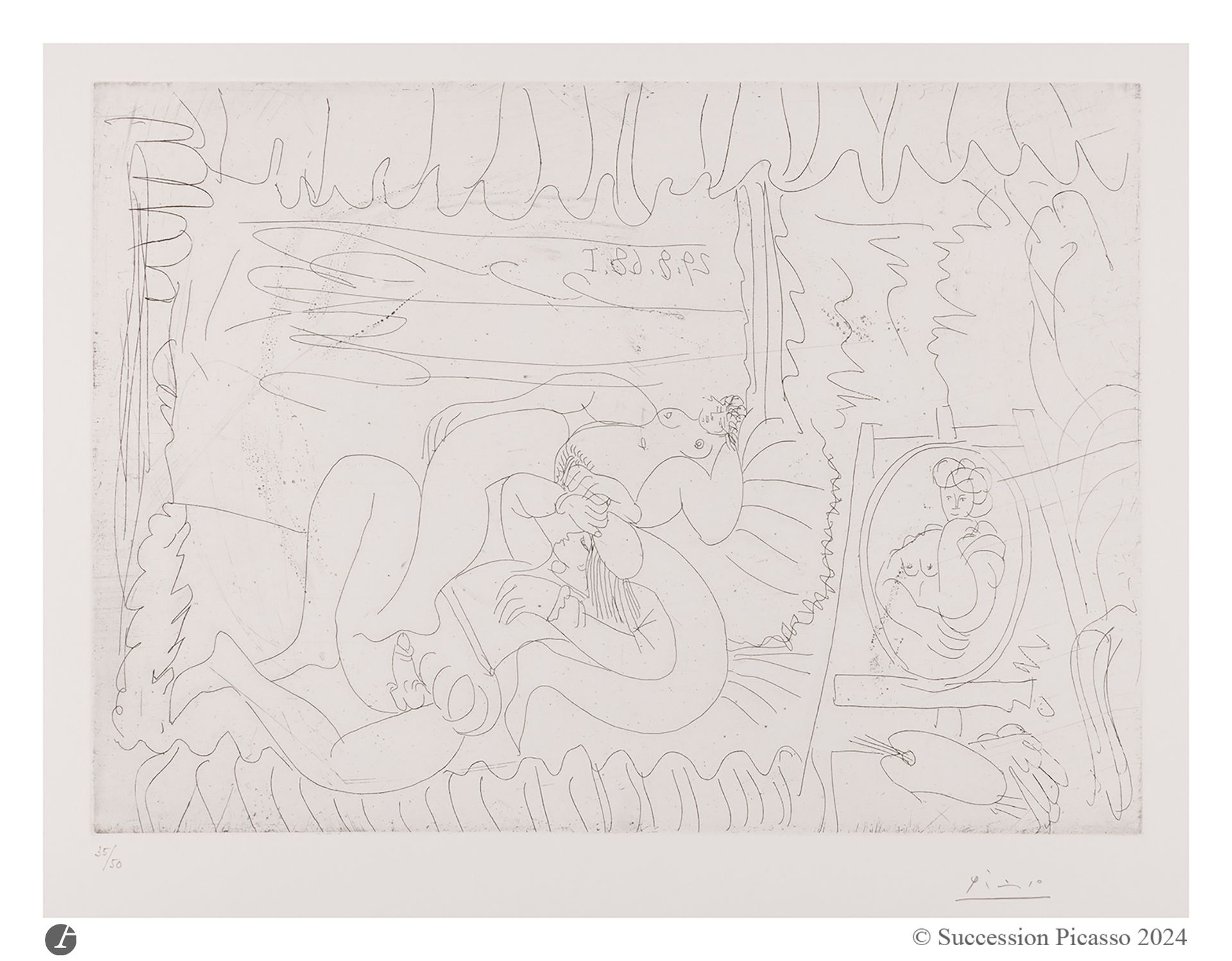 Pablo Picasso (1881-1973) 
Raphaël et la Fornarina I. (Les 347, pl. 296). 29 août 1968. Eau-forte. 385x277. Bloch 1776; Baer 1794 B b 1. Parfaite épreuve sur vélin crème, numérotée et signée au crayon. Toutes marges [385x278]. Tirage à 50 épreuves. Éd. de la galerie Louise Leiris.
© Succession Picasso 2024