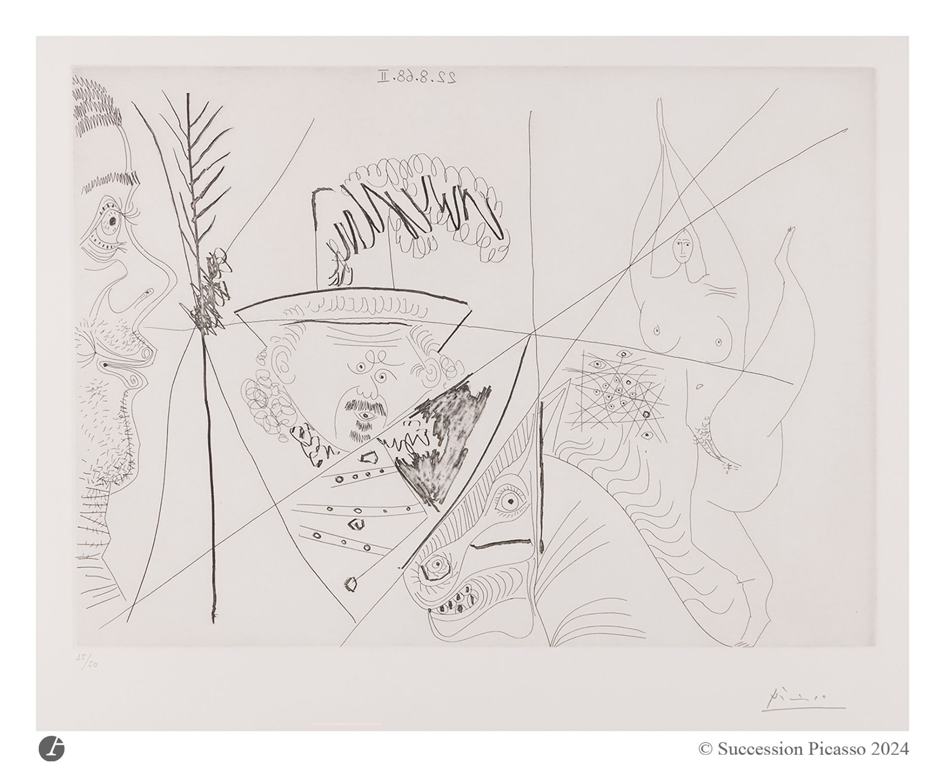 Pablo Picasso (1881-1973) 
Circus rider, rembranesque man and unshaven spectator (Les 347, pl. 291). August 22, 1968. Etching. 387x280. Bloch 1771; Baer 1788 B b 1. Perfect proof on cream vellum, numbered and signed in pencil. All margins [387x278]. Edition of 50 proofs. Published by Galerie Louise Leiris.
Succession Picasso 2024