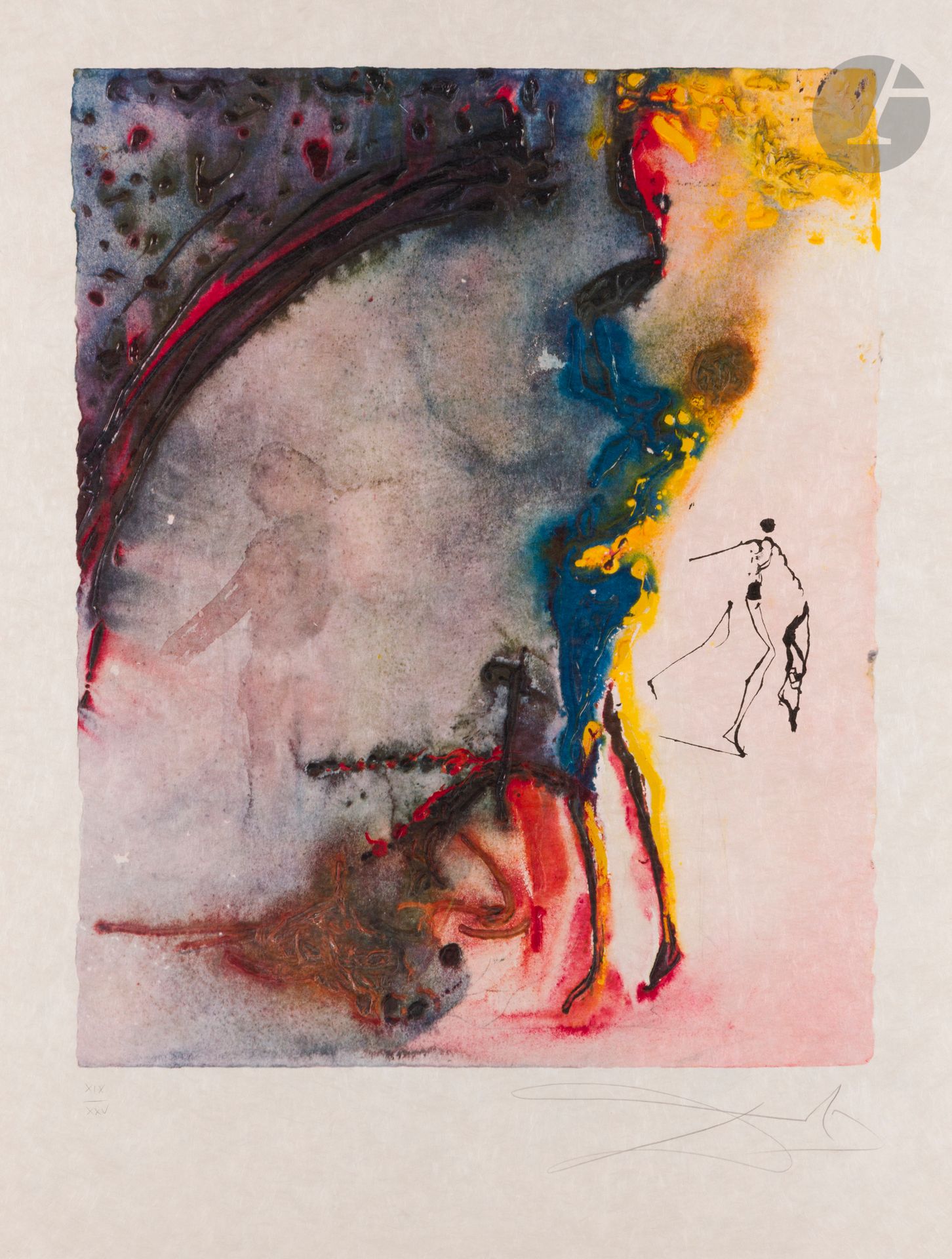 Salvador Dalí (1904-1989) 
Bullfighting III. 1968. Lithograph. 425x535. Michler and Löpsinger 1222 b. Color print. Very fine proof on japon nacré, numbered in roman numerals and signed in pencil. Short tear at foot of folio. Full margins [555x760]. Edition of 25 proofs on this paper, in addition to the edition of 150 on Rives vellum.