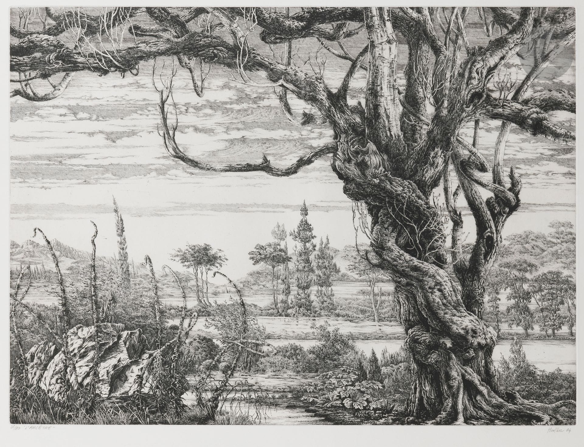 François Houtin (b. 1950) 
The Ancestor. 2004. Etching. 644x490. Very fine, fresh proof on vellum, numbered, titled, signed and dated in pencil. Full margins. Edition of 80 proofs. Framed.