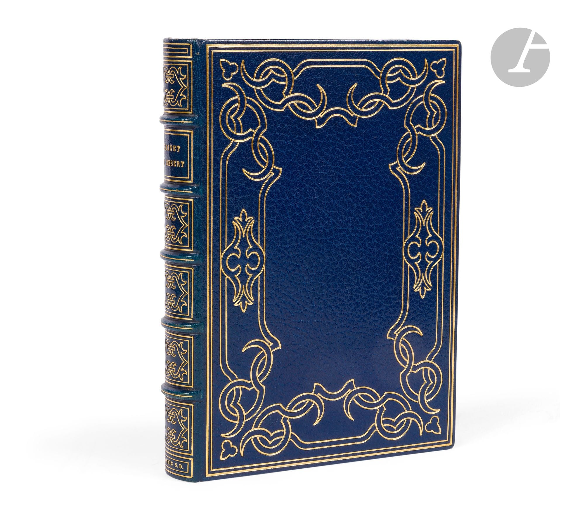 DINET (Étienne) - SLIMAN BEN IBRAHIM BAÂMER.
El Fiafi Oua El Kifar ou le désert.
Paris: H. Piazza, [1911]. — In-8, 231x163: (1 f. blanc), 198 pp., (2 ff.), couverture illustrée. Maroquin bleu foncé, plats ornés d’un jeu de doubles filets dorés en encadrement, droits à l’extérieur, droits et courbes et entrelacés à l’intérieur, dos à nerfs orné dans le même esprit, maroquin bleu foncé en encadrement à l’intérieur, orné d’une dentelle dorée, doublures et gardes de soie moirée bleue, doubles gardes, tranches dorées sur témoins, couverture et dos conservés, étui bordé (M. Lortic).

Superbe ouvrage illustré de nombreux ornements et cadres en couleurs et de 50 compositions en couleurs d’Étienne DINET (1861-1929) dont 25 à pleine page.
Tirage à 450 exemplaires. Un 375 sur vélin à la cuve des manufactures Blanchet et Kléber.
Très bel exemplaire en reliure de Lortic, parfaitement conservé.