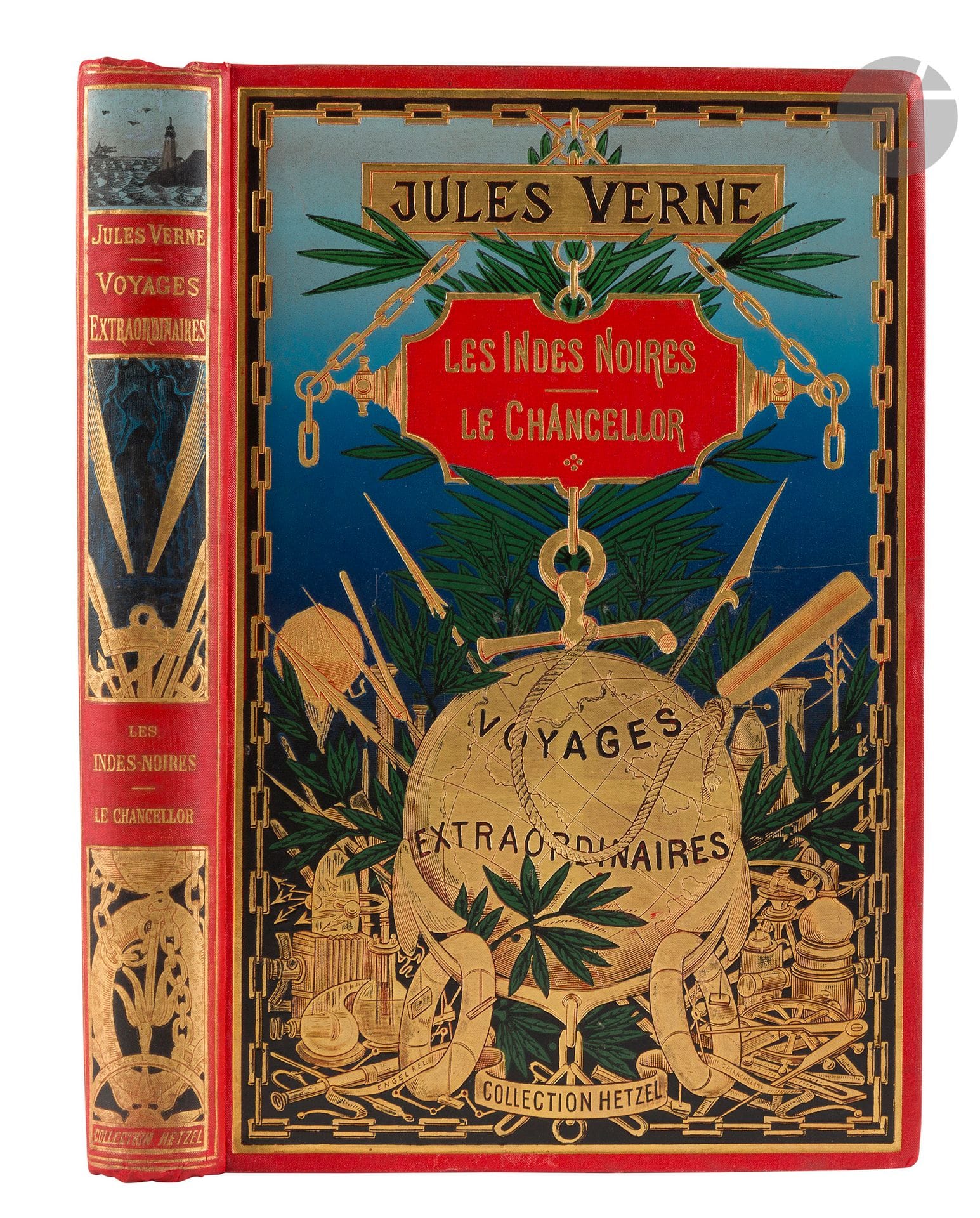 VERNE (Jules).
Les Indes-noires. Le Chancellor suivi de Martin Paz. 
Paris: Collection Hetzel, [1898-1903]. — In-8 double, 272x177: (4 ff.), 172 pp., 3 planches; (2 ff.), 220 pp., 3 planches. Cartonnage polychrome «au globe doré», dos au phare, tranches dorées (Engel).

Édition illustrée de compositions de Jules Férat pour Les Indes-noires et Martin Paz, et de George Rioux pour Le Chancellor. 
Rare exemplaire en cartonnage «au globe doré» de type 3. Le second plat est de type Engel «h». Il comprend les 6 hors-textes qui paraissent ici pour la première fois mais que l’on trouve plus habituellement dans les exemplaires au globe de type 4. Sans catalogue.
Très bel exemplaire n’ayant que quelques habiles et discrètes restaurations.