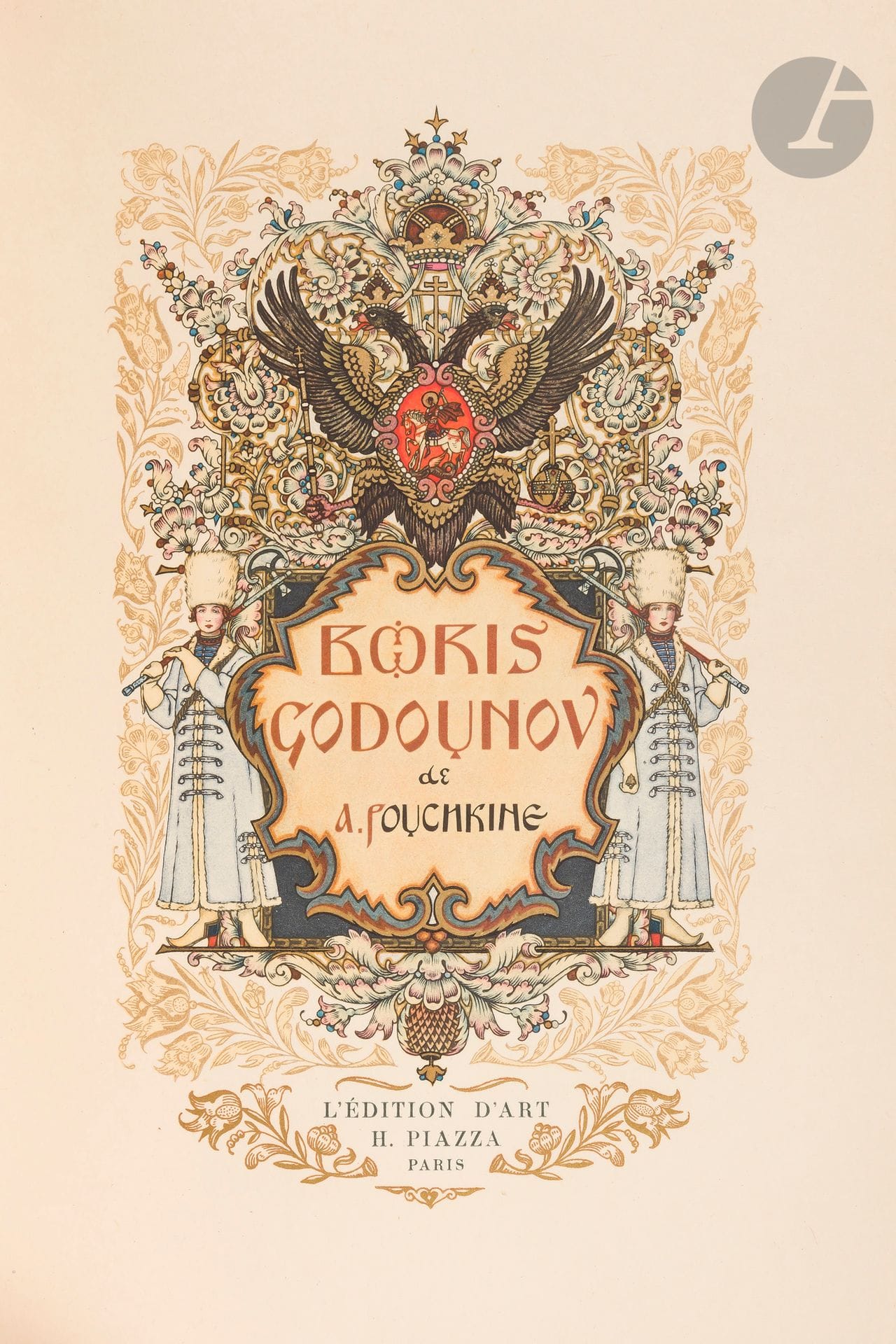 POUCHKINE (Alexandre).
Boris Godunov.
Paris: H. Piazza, [1927]. - In-8, 233x166: title, 135 pp, (4 ff. last three blank), 15 plates, printed cover. Paperback, filled cover, slipcase.

Edition illustrated with 26 color compositions by Russian painter Boris Vasilyevich ZWORYKINE (1872-1942), including a title and 15 hors-texts.
One of the 180 first numbered copies on imperial Japanese paper, this being one of 145 containing a black continuation of the hors-texts.
The suite is kept separately in a cardboard folder with flaps.
A very well preserved copy. Wear to the slipcase. One of the flaps of the suite folder is loose.