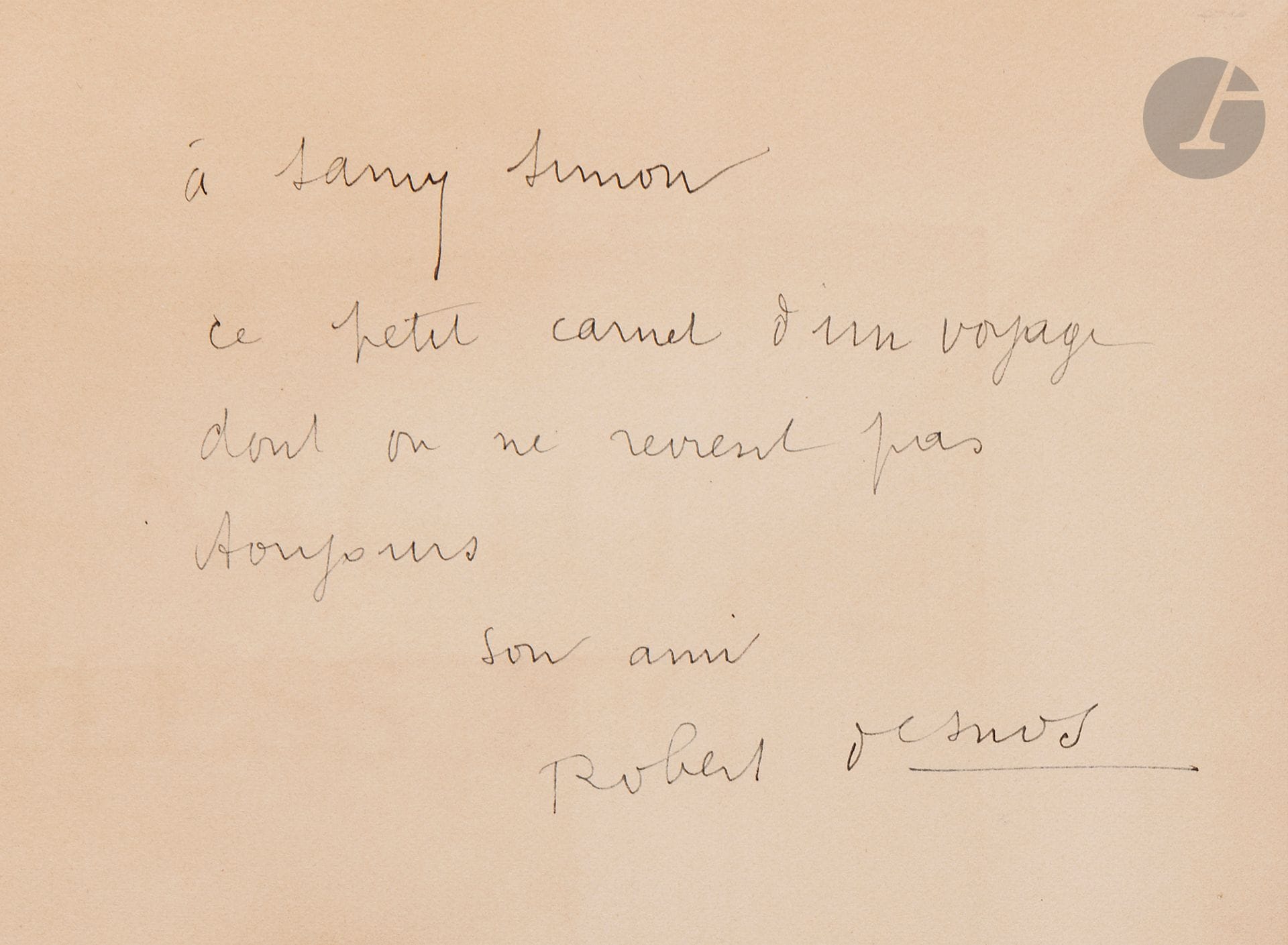 DESNOS (Robert).
The Night of loveless nights.
Anvers, 1930. — In-folio, 330x254: 36 pp., (2 ff. dernier blanc), couverture imprimée. Broché, couverture rempliée.

Édition originale illustrée de 3 compositions en noir à pleine page du peintre Georges MALKINE (1898-1970).
Un des 110 exemplaires sur papier d’Arches, celui-ci faisant partie des 100 numérotés en chiffres arabes, enrichi de ce bel envoi autographe signé de l’auteur adressé au journaliste, producteur à la radio et dramaturge Samy Simon (1905-1988): 
 à Samy Simon // ce petit carnet d›un voyage // dont on ne revient pas // toujours // son ami // Robert Desnos
Quelques habiles et discrètes restaurations au dos.