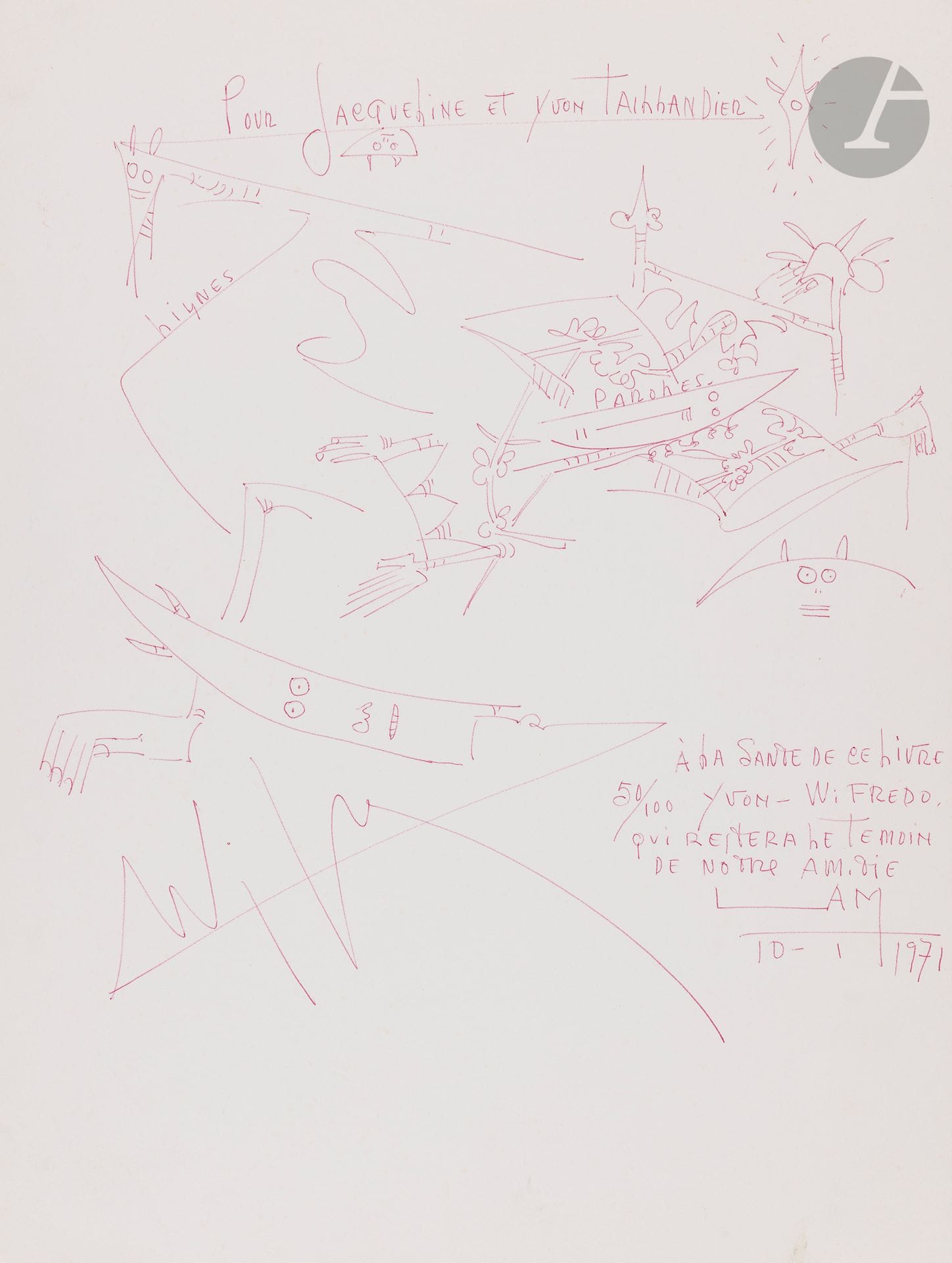 LAM (Wifredo).
Wifredo Lam.
[Paris]: Denoël, [1970]. - Large in-4, 409x305: (4 ff. first blank), 112 pp., (4 ff.). Leaves, in publisher's cloth hardback folder and slipcase.

First edition of this work, prefaced by Yvon Taillandier and illustrated with numerous black and color reproductions of the artist's works.
ONE OF 135 EXEMPLIES ACCOMPANIED WITH AN ORIGINAL EAU-FORTE NUMBERED AND SIGNED BY WIFREDO LAM, this being one of 35 hors commerce. The etching is on japon nacré.
PRECIOUS EXAMPLE BY THE PREFACIER YVON TAILLANDIER, including on the first white endpaper, this beautiful autograph dedication signed by Wifredo Lam, around a large and beautiful original drawing by the artist, all in red ink:
 Pour Jacqueline et Yvon Taillandier // à la santé de ce livre // 50/100 Yvon-Wifredo, // 
  which will remain a witness // to our friendship // Lam // 10 - 1 1971
Taillandier later offered it to one of his publisher friends, and added a second double leaf with the false title of the preface, which he covered entirely on two pages with a beautiful original gouache signed, dedicated and dated 2005.
A very well preserved copy.
Provenance:
Jacqueline and Yvon Taillandier, with dispatch and drawing by Wifredo Lam. - Letter and gouache from Yvon Taillandier to a publisher friend.