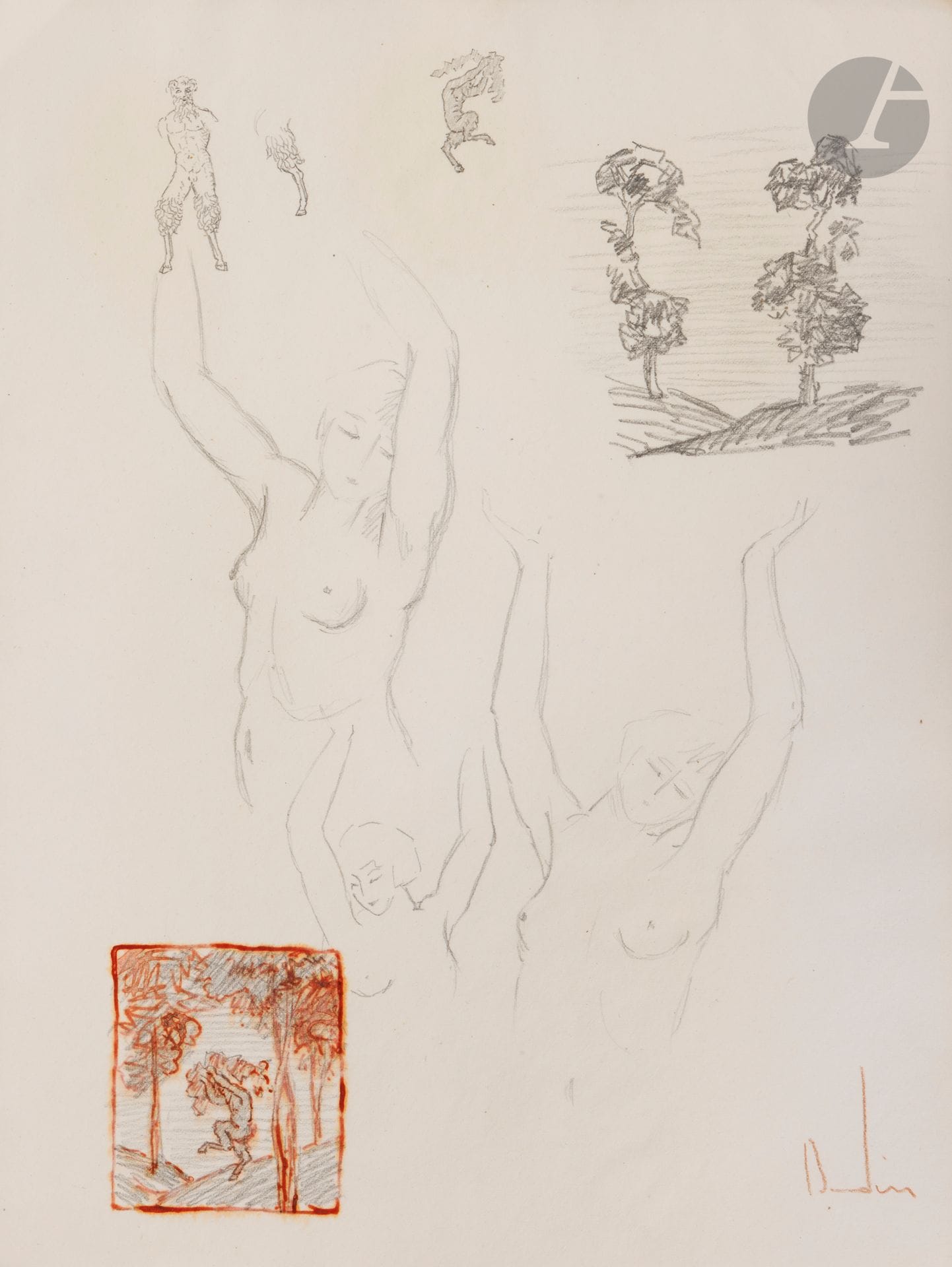BAUDIN (Georges) - GUÉRIN (Maurice de).
La Bacchante. Poème en prose.
Paris: imagerie de l’oiseau d’or, 1921. —In-4, 327x252: (4 ff. blancs), XXXVIII pp., (6 ff. premier et 4 derniers blancs), couverture imprimée. Broché, couverture rempliée.

Édition tirée à 221 exemplaires, illustrée de 19 compositions dessinées et gravées sur bois par le peintre, illustrateur, graveur et relieur Georges BAUDIN (1882-1960).
EXEMPLAIRE UNIQUE SUR PAPIER JAPON ANCIEN, portant le numéro 1, contenant à part dans une couverture identique, les croquis originaux signés par Baudin (50 croquis sur 14 feuillets volants), et une suite d’épreuves d’artiste sur papier de Chine, signées également par l’artiste.
Exemplaire très bien conservé.