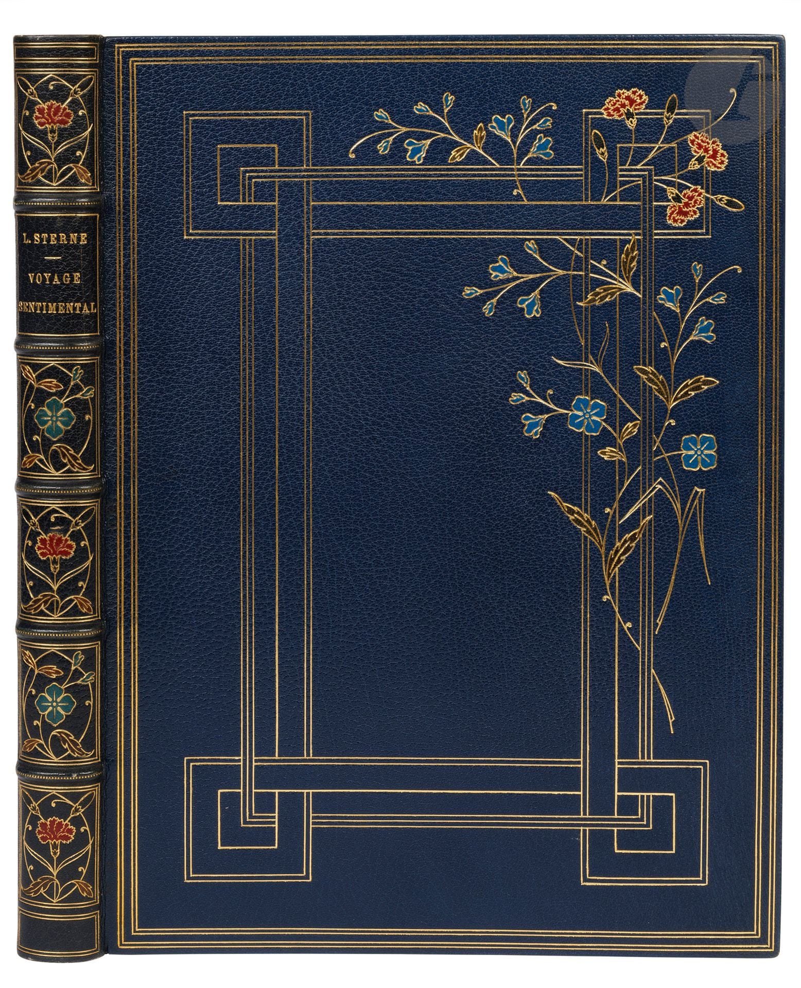 STERNE (Laurence).
Voyage sentimental en France et en Italie. Traduction nouvelle et Notice de M. Émile Blémont.
Paris: Librairie artistique, H. Launette, 1884. — Grand in-4, 367x272: portrait, XII, 212 pp., (2 ff.), 11 planches, couverture illustrée. Maroquin bleu foncé, double encadrement de filets dorés droits et entrelacés sur les plats, fleurs dorées et mosaïquées s’enroulant autour du cadre intérieur du premier plat, dos à nerfs orné, de médaillons ovales dorés et ornés de fleurs dorées et mosaïquées, encadrement de maroquin bleu foncé à l’intérieur, orné de filets dorés et d’un fleuron doré aux angles, doublures et gardes de soie bordeaux, doubles gardes, tranches dorées sur témoins, couverture conservée (Marius Michel).

Première édition de la traduction proposée par Émile Blémont (1839-1927) du célèbre roman de l’écrivain écossais Laurence Sterne (1713-1768). Elle est illustrée de 220 ornements et compositions dans le texte et de 12 planches en photogravure, dont un portrait de l’auteur, par Maurice Leloir.
Un des 200 exemplaires du tirage spécial au format in-4 Jésus, contenant une double suite des hors-textes avant la lettre et une aquarelle originale inédite de Maurice Leloir sur le faux titre. Celui-ci est l’un des 100 sur japon.
Superbe exemplaire en maroquin mosaïqué de Marius Michel.