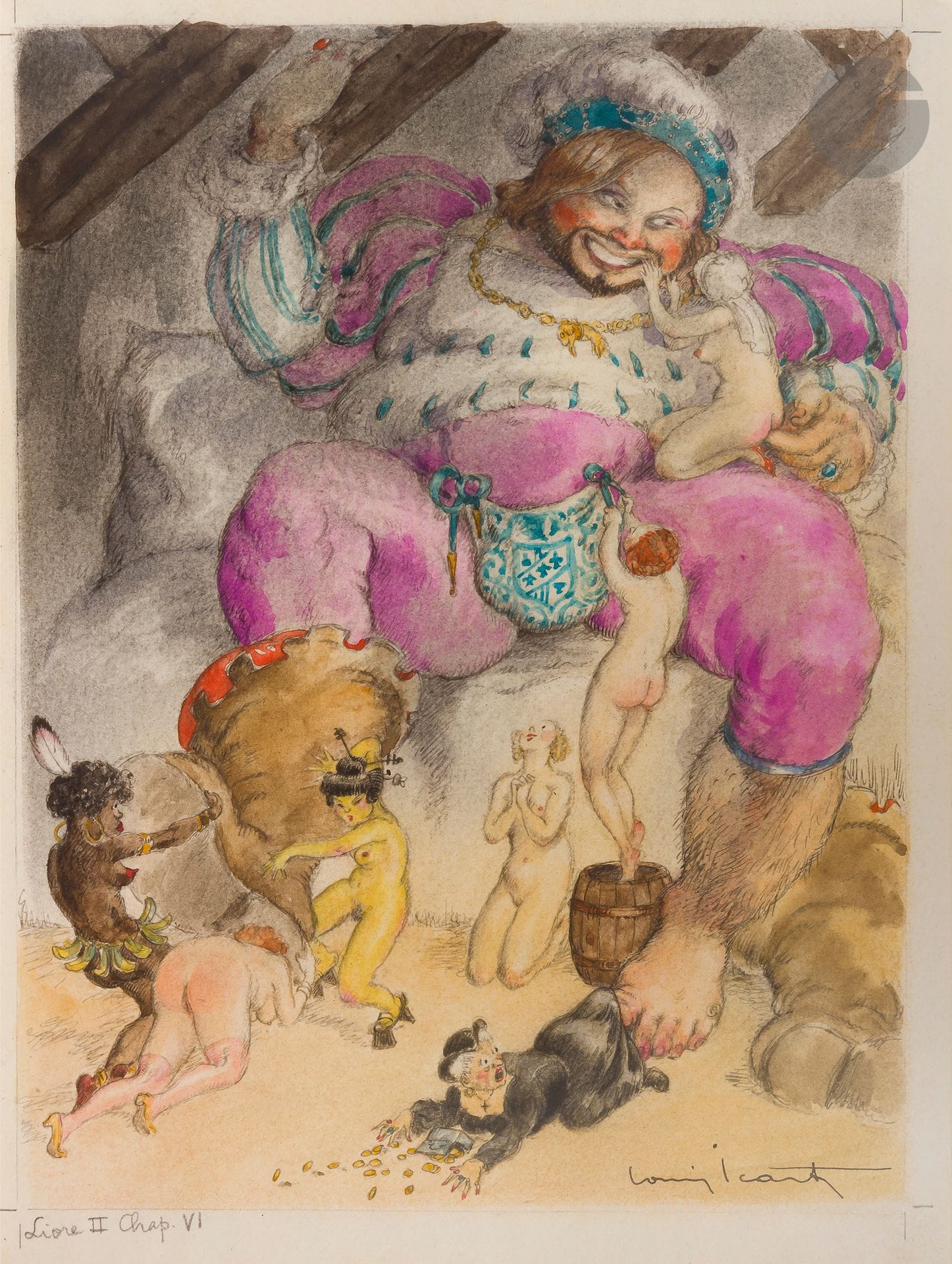 ICART (Louis) - RABELAIS (François).
Gargantua et Pantagruel.
Paris: Le Vasseur & cie, 1936. — 6 volumes in-4 dont un de planches, 235x183: frontispice, 162 pp., (1 f.), 15 planches, couverture imprimée; frontispice, 136 pp., (1 f.), 13 planches, couverture imprimée; frontispice, 194 pp., (1 f.), 14 planches, couverture imprimée; frontispice, 209 pp., 14 planches, couverture imprimée; frontispice, 186 pp., (2 ff.), 15 planches, couverture imprimée. Maroquin havane janséniste, dos à nerfs, roulette dorée intérieure, tête dorée, non rogné, couverture et dos conservés, étui (reliure de l’époque).

Édition tirée à 976 exemplaires, illustrée de 76 compositions en couleurs hors texte de Louis ICART. Elle fut imprimée sur les presses de Draeger frères.
UN DES 30 PREMIERS EXEMPLAIRES SUR JAPON SUPER NACRÉ, SIGNÉS PAR L’ARTISTE À LA JUSTIFICATION. Celui-ci fait partie des 29 comprenant les pièces suivantes reliées dans un volume à part:
- une des 76 compositions originales signées de Louis Icart ayant servi à l’illustration,
- un croquis original signé par l’artiste,
- une composition originale signée, non utilisée (pour le tiers livre, chapitre XXX),
- une suite en noir sur japon super nacré des 76 planches, avec remarques à la pointe sèche,
- un cuivre doré et encré, incrusté dans la doublure de la reliure.
Bel exemplaire, très bien conservé malgré les dos très légèrement passés.