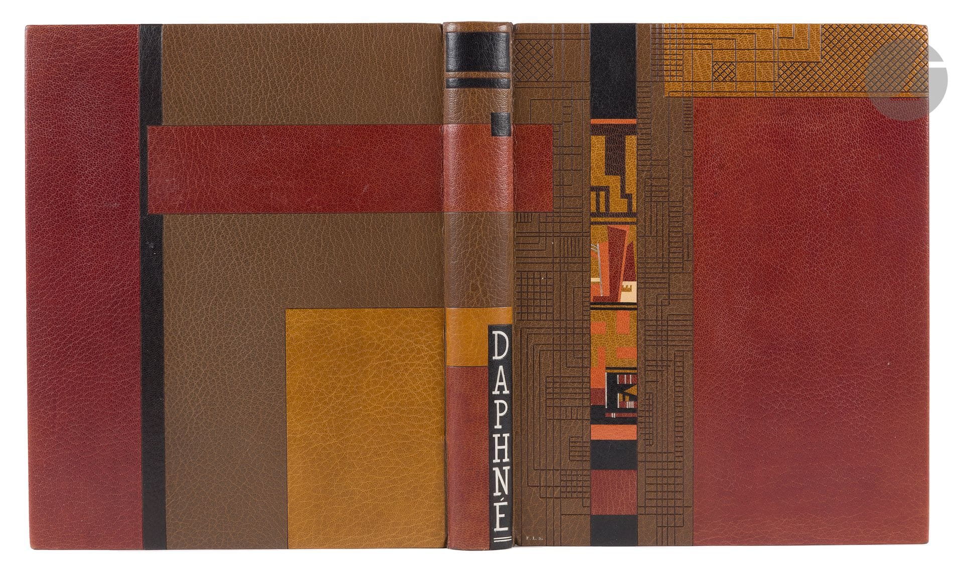 SCHMIED (François-Louis) - VIGNY (Alfred de).
Daphné.
Paris: chez F.L. Schmied, 1924. — In-4, 302x246: (94 ff.), couverture illustrée. Maroquin marron châtaigne, décor dans le plus pur style Art déco composé sur le premier plat de larges bandes couvrant une partie du bord gauche et du bord supérieur, faites de maroquin brun et olive ornés de filets à froid parallèles ou en croisillon, une frise verticale sépare en deux la grande bande de maroquin brun, ornée de pièces de maroquin noir, brun, orange, olive, et beige, avec rehauts de filets au palladium, second plat orné de bandes et de pièces rectangulaires de maroquin noir et dans les tons marron, dos lisse orné de pièces de maroquin de différents tons, dont l’une porte la titre du livre en lettres capitales au palladium, encadrement de maroquin de différentes teintes à l’intérieur, doublures de soie brune bordée d’un listel de maroquin noir, gardes de même soie, couverture conservée (G. Cretté succ. de Marius Michel - F. L. S[chmied]).

Superbe édition publiée aux dépens du docteur Amédée Baumgartner, illustrée de 50 compositions en couleurs dessinées et gravées sur bois par François-Louis SCHMIED (1873-1941), dont une sur la couverture, 5 à pleine page, 25 bandeaux et culs-de-lampe, et 19 lettres ornées.
Tirage à 140 exemplaires sur vélin d’Arches, signés par F.L. Schmied à la justification, celui-ci spécialement imprimé pour Georges Faist.
Magnifique exemplaire en reliure Art déco de l’époque, conçue par le maître relieur Georges Cretté et ornée d’un décor dessiné spécialement par François-Louis Schmied. La maquette originale de la reliure dessinée par l’artiste, a été reliée sur onglets à la fin du volume.
Transfert des bois sur les feuillets en regard, comme toujours. Sans chemise ni étui.
Provenance:
Georges Faist. - Maurice Houdayer (vente I, 9 mars 2021, n°354, sans mention de la maquette originale de la reliure).