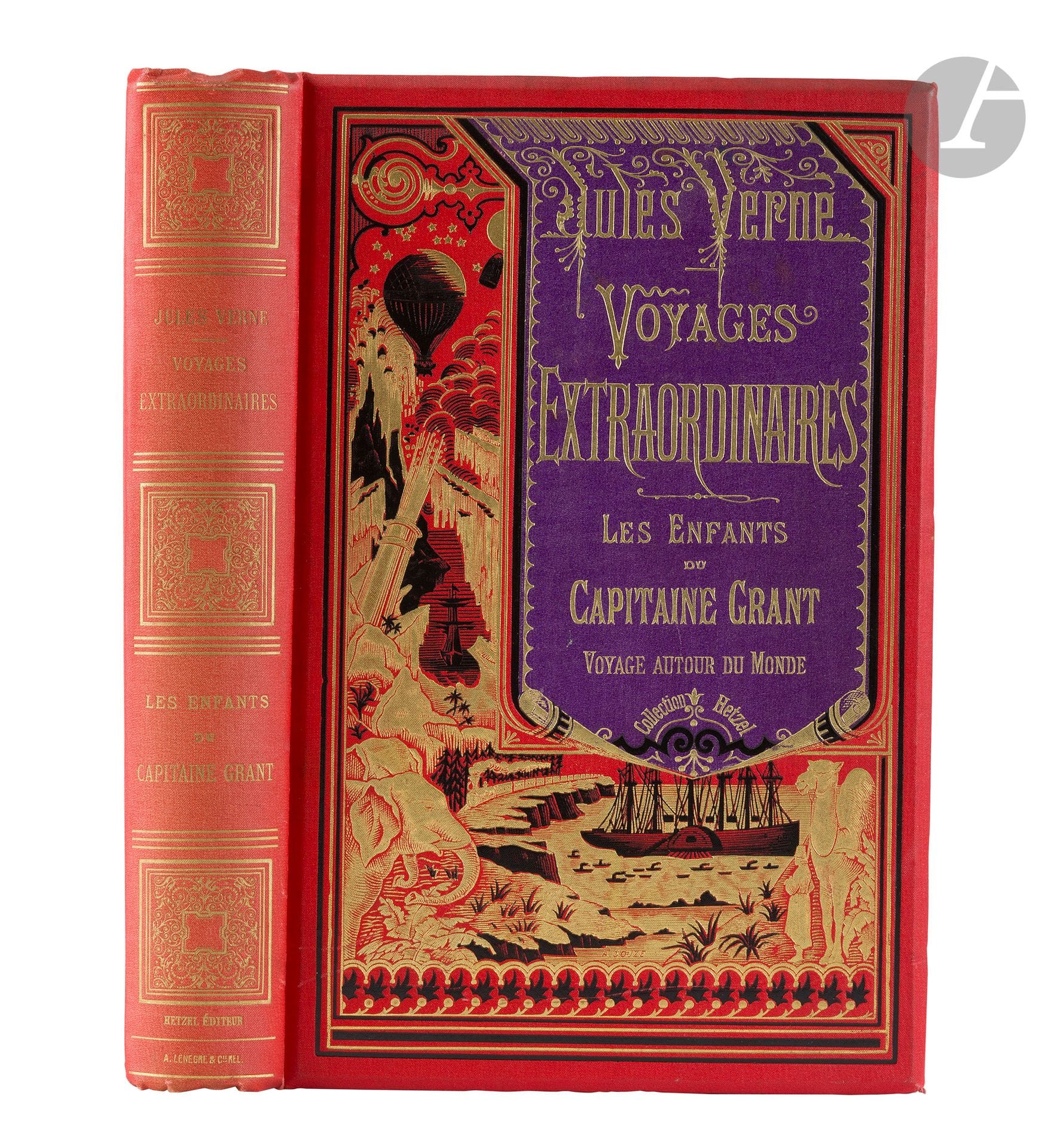 VERNE (Jules).
Les Enfants du capitaine Grant. Voyage autour du monde.
Paris: Bibliothèque d’éducation et de récréation, J. Hetzel et Cie, [1888-1889]. —In-8 double, 271x177: (2 ff.), 624 pp., 8 pp. de cat. Cartonnage percaline rouge à la bannière violette, plats biseautés, tranches dorées (A. Lenègre & Cie). 

Édition illustrée de 176 compositions d’Édouard Riou gravées par Pannemaker.
Exemplaire en cartonnage «à la bannière» aux plats biseautés de Lenègre. Second plat du type Lenègre «e 1».
Exemplaire très bien conservé malgré le dos légèrement passé.