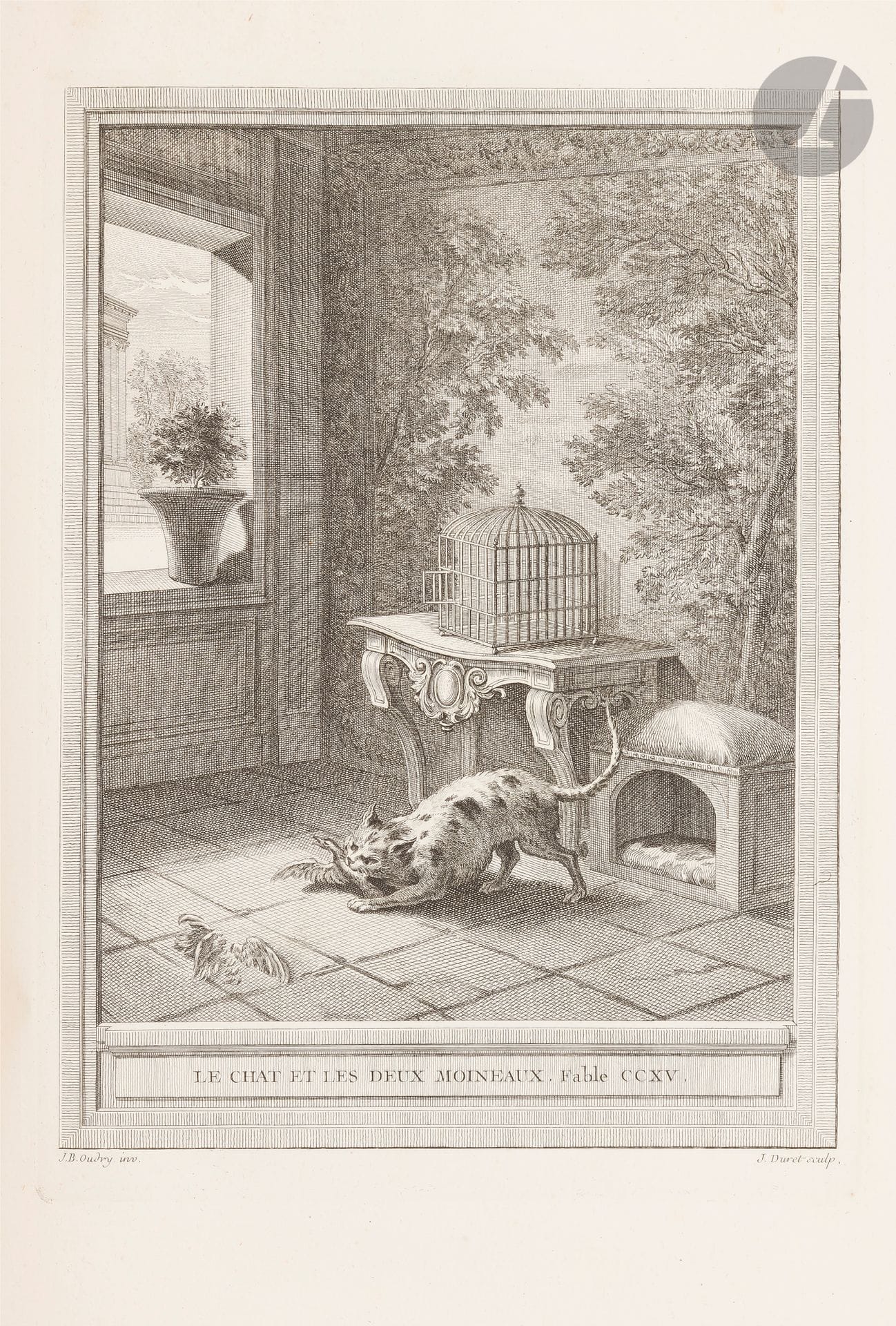 LA FONTAINE (Jean de).
Fables choisies.
Paris: Desaint & Saillant, Durand, 1755-1759. — 4 volumes in-folio, 484x327: frontispice, (2 ff.), xxx, xviij, 124 pp., 70 planches; (2 ff.), ij, 135 pp., 68 planches; (2 ff.), iv, 146 pp., 68 planches; (2 ff.), ij, 188 pp., 69 planches. Veau granité, dos à nerfs orné de coquilles dorées, tranches rouges (reliure de l’époque).

Magnifique édition illustrée par Oudry, probablement la plus célèbre et la plus belles des éditions anciennes illustrées des Fables de La Fontaine.
Elle fut entreprise par l’avocat et journaliste Charles-Philippe Montenault (1696-1749) qui avait acquis les dessins du peintre Jean-Baptiste Oudry (1686-1755) vers 1751. Il confia la tâche à Charles-Nicolas Cochin d’agrandir ces dessins et de les adapter afin qu’ils puissent être gravés.
C’est en ces termes élogieux que le père Berthier parla de cette édition dans les Mémoires de Trévoux: «La Fontaine et Oudry ont partagé en quelque sorte l’empire des animaux. Le poëte leur a donné la parole; le peintre a saisi leurs manières, leurs jeux, leurs attitudes. Le premier a su deviner ce qu’ils auroient dit, s’ils avoient formé une société entre eux; le second a eu le talent de les rendre tels qu’ils sont. La Fontaine, dans ses fables, s’est laissé entraîner par le génie; Oudry, dans ses dessins, a eu pour guide l’observation: l’un et l’autre ont produit deux chefs-d’oeuvres qui se trouvent réunis dans 4 vol. in-fol.»
L’illustration se compose d’un frontispice orné d’un buste de La Fontaine et de 275 planches d’après les dessins d’Oudry, gravés sous la direction de Cochin par lui et une équipe de plus de 40 graveurs parmi lesquels: Aliamet, Aubert, Aveline, Baquoy, Chedel, Chenu, Choffard, Fessart, Galimard, Lebas, Lemire, Moitte, etc.
Exemplaire avec la mention «Au Léopard» sur la banderole de l’illustration Le Singe et le Léopard (tome III, fable CLXXII).
Reliures habilement restaurées. Traces sombres sur les plats du premier volume. Mouillures sur le bas des premiers feuillets du même volume. Mouillures aux 30 premiers feuillets et sur le bord des derniers feuillets du quatrième volume. Quelques rousseurs éparses.