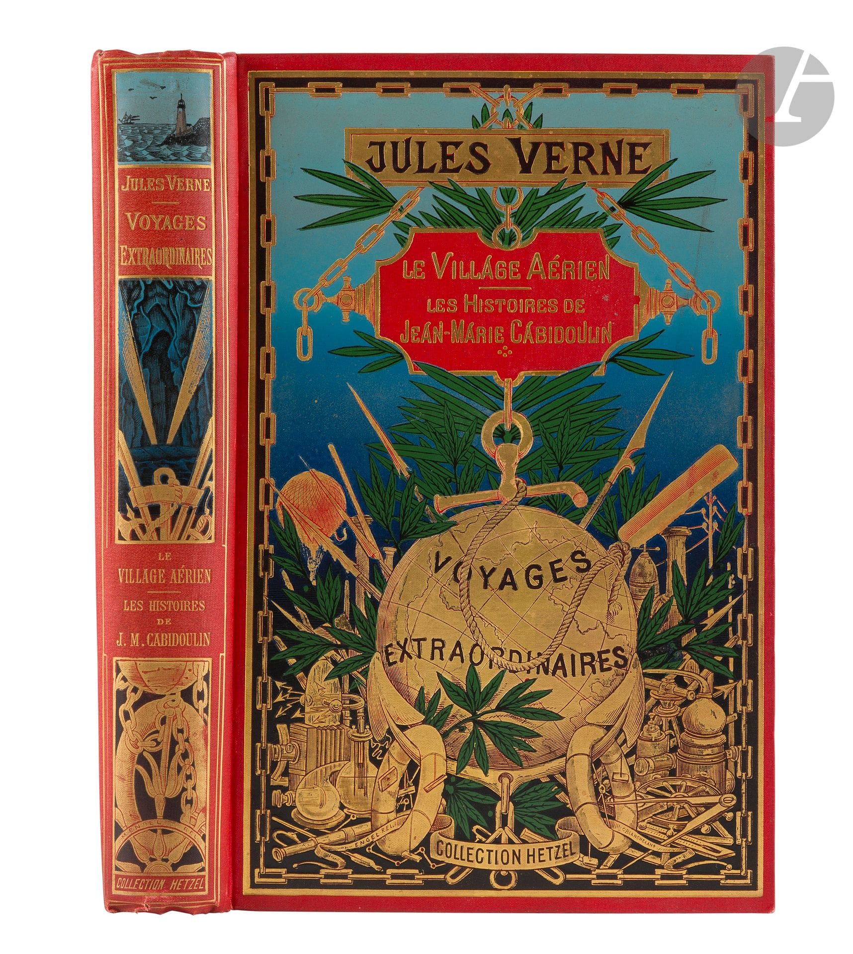 VERNE (Jules).
Le Village aérien. Les Histoires de Jean-Marie Cabidoulin.
Paris: Collection Hetzel, [1901-1904]. — In-8 double, 272x177: (2 ff. sur 4), 234 pp., (1 f.), 6 planches; (2 ff.), 220 pp., (1 f.), 6 planches. Cartonnage polychrome «au globe doré», dos au phare, tranches dorées (Engel).

Première édition collective grand in-8 illustrée, ornée de nombreuses compositions de George Roux dont 12 hors texte en couleurs, soit 6 pour chaque titre.
Exemplaire dans son premier cartonnage «au globe doré» du type 3. Le second plat est du type Engel «h».
Exemplaire en très bon état. Il manque le faux titre et le titre du premier ouvrage. La première planche du second texte est déreliée.