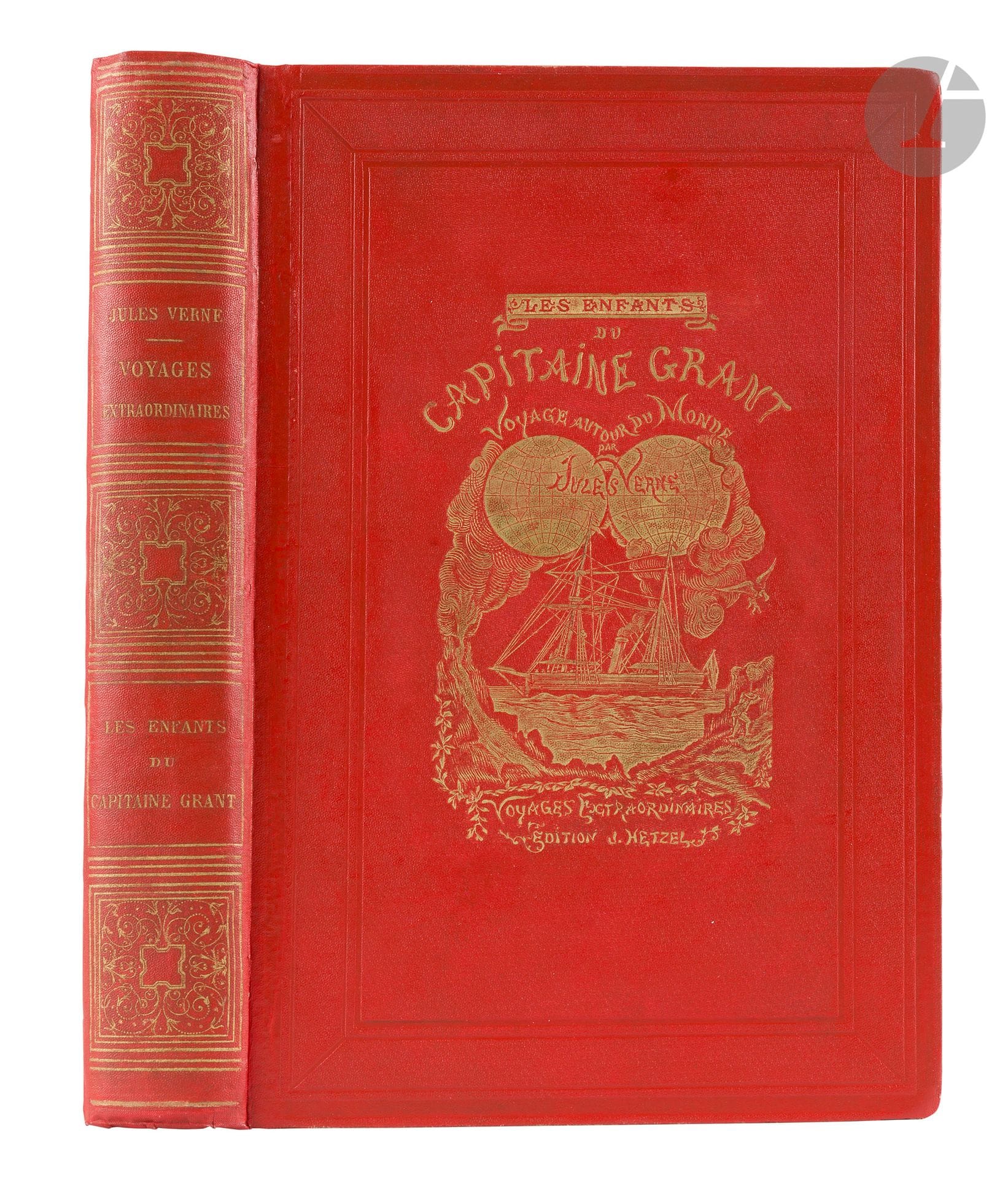 VERNE (Jules).
Les Enfants du capitaine Grant. Voyage autour du monde.
Paris: Bibliothèque d’éducation et de récréation J. Hetzel, [1868-1871]. —In-8 triple, 265x175: (2 ff.), 624 pp. Cartonnage personnalisé en percaline orange, tranches dorées (Magnier).

Première édition illustrée, ornée de 176 compositions d’Édouard Riou gravées par Pannemaker.
Exemplaire en cartonnage éditeur personnalisé en percaline orange. Gardes brunes.
Cartonnage habillement restauré et remonté. Ors du dos un peu faibles.