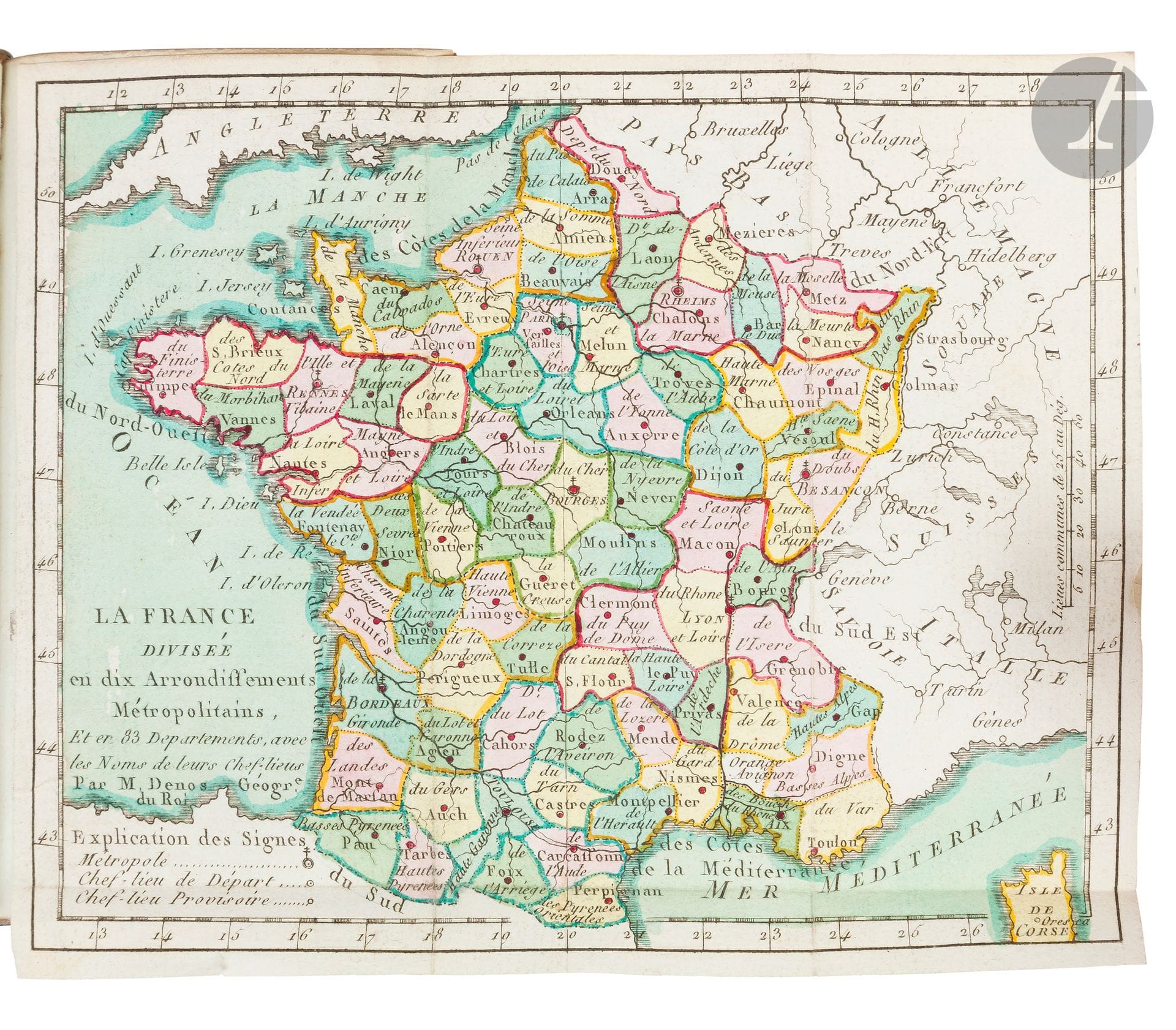 [ATLAS] - DESNOS (Louis Charles).
Atlas national et général de la France divisée en ses 83 Départemens, formant la nouvle division du Royaume, Suivant le Décret de l’Assemblée Nale Sanctionné par le Roi, le 4 Mars 1790 Assujettis aux nouvelles Observations de M. M. de l’Académie Rle des Sciences.
Paris: Desnos, [1791]. —In-24, 119x63: dédicace, titre, (2 ff. de table), 49 cartes, 1 planche de table, (6 ff. de calendrier). Maroquin rouge, triple filet doré en encadrement sur les plats, dos lisse orné, tranches dorées (reliure de l’époque).

Atlas miniature publié par le géographe et libraire Louis Charles Desnos (1725-1805), dédié au roi et illustré d’un feuillet de dédicace gravé, d’un titre gravé, de deux feuillets de table imprimés, d’une carte générale de la France dépliante en couleurs, de 48 cartes en couleurs sur double page, et de six feuillets imprimés comprenant le calendrier pour 1792.
Exemplaire bien complet. La carte générale et celle de la Corse à la fin, ne sont pas mentionnées dans la table. Les deux premiers feuillets ainsi que toutes les cartes, exceptée celle dépliante, ont été gravés sur papier vergé fort bleuté.
Exemplaire très bien conservé, en reliure de l’époque.