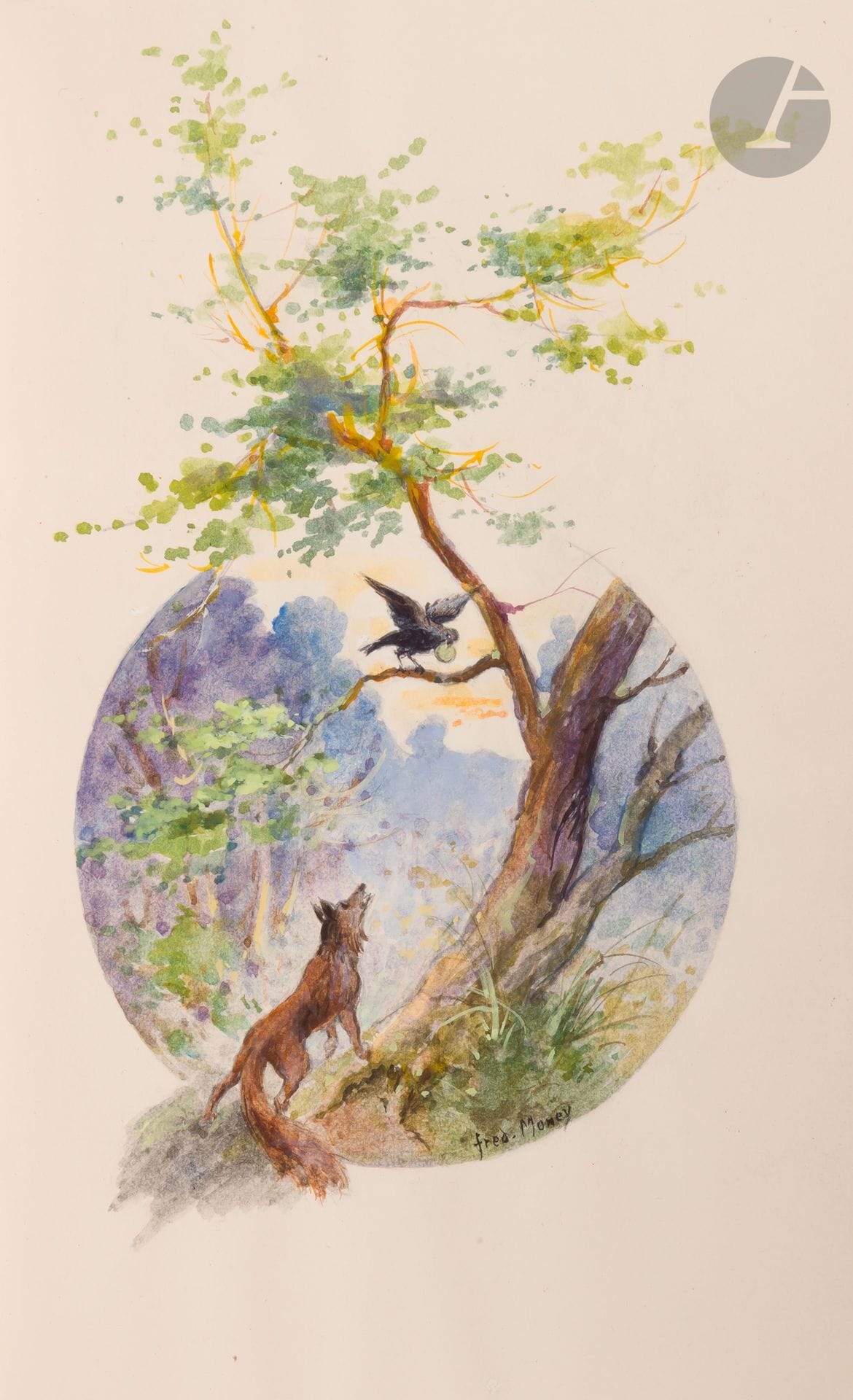 LA FONTAINE (Jean de).
Fables choisies.
Paris: Louis Conard, 1930-1933. —In-8, 201x137: LXII, 234 pp., (2 ff. dernier blanc), couverture illustrée; 290 pp., (3 ff. 2 derniers blancs), couverture illustrée; 355 pp., (2 ff. dernier blanc), couverture illustrée. Demi-maroquin vert à bandes, filets dorés, dos à nerfs orné dans le caisson central d’une scène tirée d’une fable de La Fontaine, mosaïquée de différents maroquins, tête dorée, non rogné, couverture et dos conservés, étui (G. Levitsky).

Charmante édition illustrée d’un portrait de l’auteur dessiné et gravé par Baudier, de 12 compositions décoratives de Pierre de Laprade, et de 250 en-têtes d’Edmond Malassis et Fred-Money, le tout gravé sur bois en couleurs par Paul et André Baudier.
Exemplaire du tirage ordinaire sur vélin pur chiffon mais très joliment relié à l’époque par Grégoire Levitzky. Il a été enrichi de 3 belles aquarelles originales signées du peintre et illustrateur Fred-Money (1882-1956), de son vrai nom François-Raoul Billon. Élève de Georges-Antoine Rochegrosse, il fut notamment l’ami de Renoir et de Montézin et se distingua comme l’un des grands peintres postimpressionistes de l’époque. Les aquarelles sont hors texte, placées en tête de chacun des volumes; elles représentent des fables de La Fontaine: Le Corbeau et le renard, Un animal dans la lune et La Lionne et l’ours.
Exemplaire très bien conservé malgré un côté de l’étui défait.