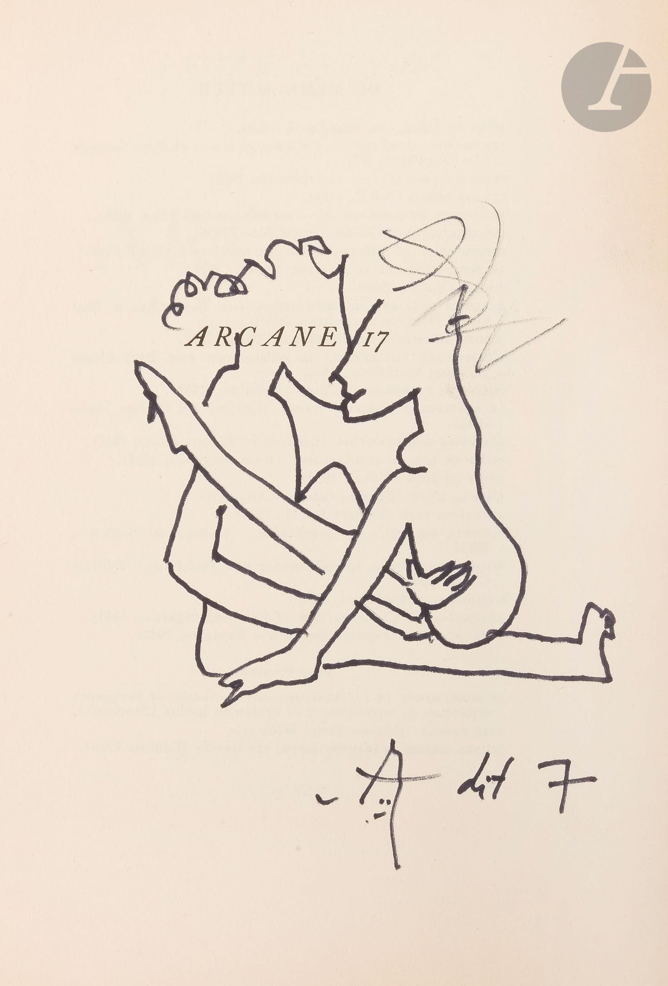BRETON (André).
Arcane 17.
New York: Brentano’s, 1944. — In-8, 229x158: 176 pp., (2 ff. dernier blanc), 4 planches, couverture imprimée. Broché, non rogné.

Édition originale illustrée de 4 lames de tarots surréalistes en couleurs hors texte, réalisées par Roberto MATTA.
Tirage limité à 325 exemplaires, celui-ci étant l’un des 300 sur papier Oxbow, numérotés et signés par Breton.
Exemplaire enrichi sur le faux titre d’un dessin original érotique de l’artiste, signé «(Matta) dit 7».
Exemplaire très bien conservé malgré de petites traces de pliures à la couverture.