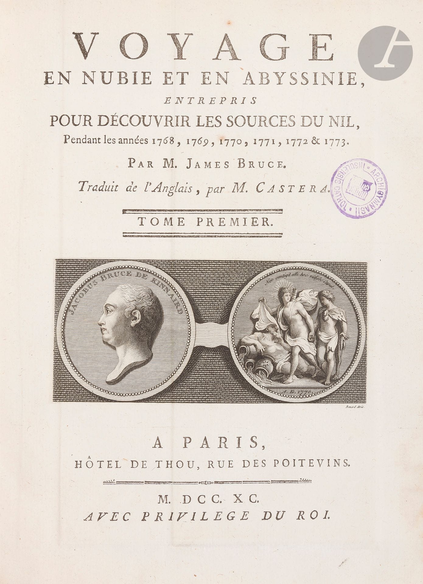 BRUCE (James).
Voyage en Nubie et en Abyssinie, entrepris pour découvrir les sources du Nil, Pendant les années 1768, 1769, 1770, 1771, 1772 & 1773.
Paris: Hôtel de Thou, 1790-1791. —5 volumes in-4, 252x200: (2 ff.), viij, lxxxiij, 620 pp., 15 planches, 1 carte; (2 ff.), 784 pp., 1 carte; (2 ff.), 858 pp., 4 planches; (2 ff.), 752 pp., 3 planches; (2 ff.), clxiij, 62 planches, 1 carte. Basane racinée havane, plats ornés d’une roulette de trois filets dorés en encadrement et au centre d’une grande pièce de basane marbrée bordée d’une roulette de feuillage à froid, dos lisse orné, pièce de titre de maroquin rouge, pièce de tomaison de maroquin vert foncé et pastille de maroquin rouge pour le numéro, tranches jaunes (reliure de l’époque).

Édition originale de la traduction française donnée par Jean-Henri Castéra (1749-1838).
James Bruce parcourut une grande partie de l’Éthiopie durant 4 années, à la recherche des véritables sources du Nil. Il crut les avoir découvertes, alors qu’il ne s’agissait que du Nil d’Abyssinie, aussi appelé Nil Bleu, Bah-rel-Azrek ou encore Abaï, déjà décrit par ses prédécesseurs. Sa relation fut boudée par le public lors de sa publication, tant les faits qui y sont décrits provoquaient le doute et la perplexité auprès des savants et explorateurs incrédules. On ne reconnut que tardivement la véracité de son récit, grâce aux voyageurs Combes, Tamisier, Léon Delaborde, à l’exception bien sûr de sa découverte des sources du Nil.
Le tome 5 contient en tête, la relation des Quatre voyages dans le pays des Hottentots et la Cafrerie, En 1777, 1778 & 1779, Par le Lieutenant William Paterson, dans la traduction également de Castéra.
L’illustration se compose de 88 planches représentant des écritures, la faune, la flore, des costumes, des antiquités et des vues des pays visités, ainsi que 4 grandes cartes dépliantes. Les 19 dernières planches, dépliantes, concernent les voyages de Paterson.
Séduisant exemplaire en reliure de l’époque.
Quelques frottements d’usage sans gravité, quelques coins émoussés, manque à un coin du premier volume. Légère mouillure claire marginale sur le bord de quelques feuillets. Déchirure restaurée dans la marge supérieure du feuillet Xx4 du troisième volume. Quelques rares rousseurs éparses.
