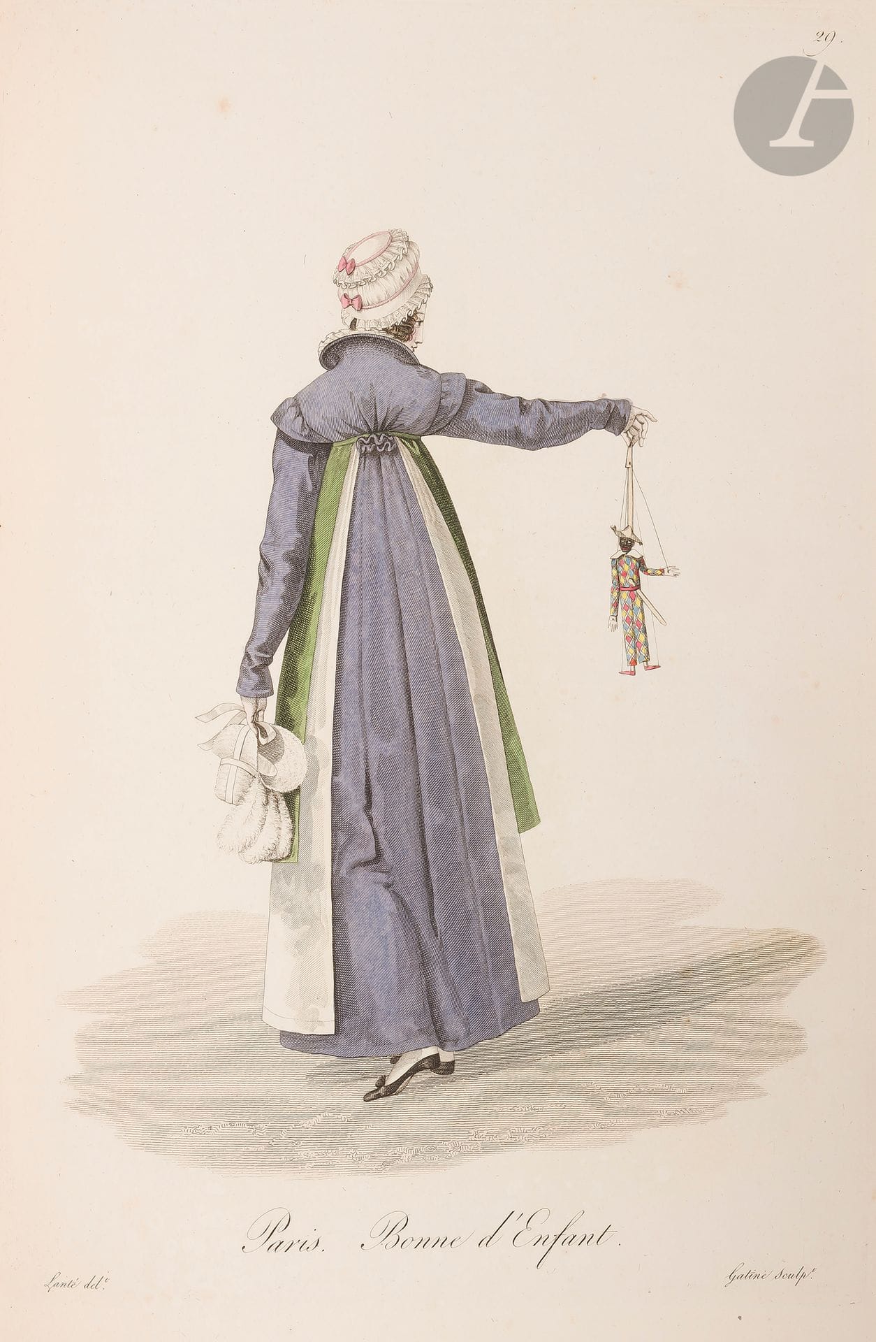 LANTÉ (Louis-Marie) - GATINE (Georges-Jacques).
[Costumes féminins parisiens. Les Ouvrières de Paris ou Grisettes de Paris.]
[Paris, 1817-1827]. — Album in-4, 47 planches. Demi-maroquin orange à coins, dos à nerfs orné de motifs dorés et mosaïqués, tête dorée, non rogné (Durand-Thivet).


Colas, 1764.
Très rare suite complète de cette série de gravures de costumes en couleurs, consacrée aux ouvrières de Paris. Elles furent gravées par Georges-Jacques Gatine (1773-1841?) d’après les dessins de Louis-Marie Lanté (1789-1838?).
Selon Colas: «Cette série est une des plus intéressantes parmi celles dessinées par Lanté.» Il précise également que les cinq dernières gravures «sont très rares».
Voici les sujets représentés: 1. Petite Bourgeoise. - 2. Demoiselle de Boutique. - 3. Ecaillère. - 4. Blanchisseuse. - 5. Femme de Chambre, - 6. Couturière. - 7. Modiste. - 8. Lingère. - 9. Fleuriste. - 10. Brodeuse. - 11. Cuisinière. - 12. Bonne. - 13. Mercière ambulante. - 14. Marchande de Chapeaux de paille. - 15. Boutiquière. - 16. Servante de Traiteur. - 17. Marchande de Toiles. - 18. Cordonnière. - 19. Elève d’une Ecole de Chant. - 20. Marchande de Plaisir. - 21. Crémière. - 22. Repasseuse. - 23. Servante de Bains. - 24. Fayencière. - 25. Cantinière de la Garde Nationale. - 26. Couturière en Corsets. - 27. Blanchisseuse de Dentelle. - 28. Tricoteuse. - 29. Bonne d’Enfant. - 30. Ouvreuse de Loge. - 31. Elève-peintre. - 32. Elève d’une école de danse. -,33. Servante-maîtresse. - 34. Chapelière. - 35. Mercière. - 36. Lingère ambulante. - 37. Tresseuse de cheveux. - 38. Marchande à Toilette. - 39. Maîtresse Lingère. - 40. Ouvrière en Capotes. - 41. Plumassière. - 42. Bijoutière. - 43. Marchande de Bonbons. - 44. Tabletière. - 45. Artiste Dramatique. - 46. Petite-Maîtresse. - 47. Bouquetière du Boulevart Italien.
Cette suite est également connue sous le titre Costumes des Marchandes et Ouvrières de Paris. On donne habituellement la date de 1824 mais sa publication fut étalée dans le temps. Les 7 premières parurent le 20 mai 1817, annoncées dans le numéro 25 du Journal des Dames du 5 Mai 1817, et la dernière parut le 22 août 1827 (voir la Bibliographie de la France à cette date et le Journal des Dames et des modes du 31 août 1827 page 378).
Très bel exemplaire aux épreuves parfaites, à toutes marges et aux très beaux coloris. Il provient de deux prestigieuses bibliothèques, celle de Henri Beraldi et celle du marquis Emmanuel Du Bourg de Bozas.
Quelques minimes frottements d’usage. Infimes rousseurs sans gravité à quelques planches.
Provenance:
Henri Beraldi, avec ex-libris (vente V, 1935, n°267). - Emmanuel Du Bourg de Bozas, avec ex-libris (vente I, juin 1990, n°121).