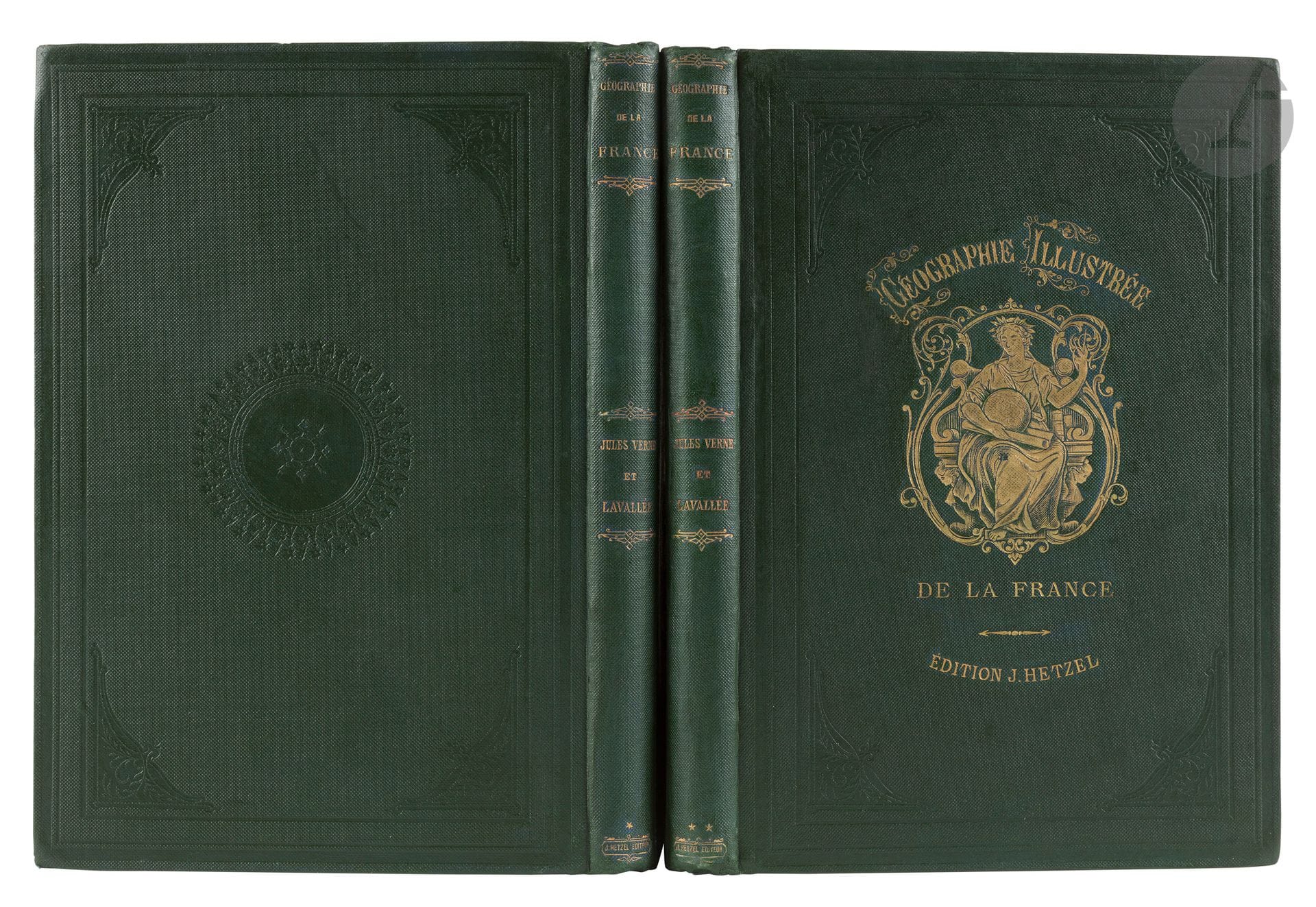 VERNE (Jules).
Géographie illustrée de la France et de ses colonies… précédée d’une étude sur la géographie générale de la France par Théophile Lavallée.
Paris: Bibliothèque d’éducation J. Hetzel, [1867-1868]. —2 volumes in-8, 279x190: (2 ff.), IV, XXXII, 359, III pp.; (2 ff.), IV pp., pp. 361-768. Cartonnage percaline verte, fer allégorique doré sur le premier plat, rosace et encadrement à froid sur le second plat, dos lisse, tranches dorées (Ch. Magnier).

Rare édition originale en deux volumes de cet ouvrage commencé par Théophile Lavallée mais repris, revu et poursuivi par Jules Verne à la demande de Hetzel. Elle est illustrée de nombreuses cartes et de compositions d’Édouard Riou et Hubert de Clerget.
Le livre fut donc publié tout d’abord en deux volumes parus respectivement le 21 novembre 1867 et le 23 mai 1868. La version en un volume accompagna la sortie du second tome dans un cartonnage différent. On ne saurait donc insister sur la rareté des exemplaires de l’édition originale en deux volumes dont la mise en vente n’excéda pas 6 mois.
Le cartonnage est orné sur le premier plat d’une figure allégorique symbolisant la géographie, accompagnée au-dessus et au-dessous du titre du livre et de la mention de l’éditeur. Gardes «peigne».
Cartonnages restaurés, le décor du second plat du premier volume est en partie effacé. Rousseurs éparses.
