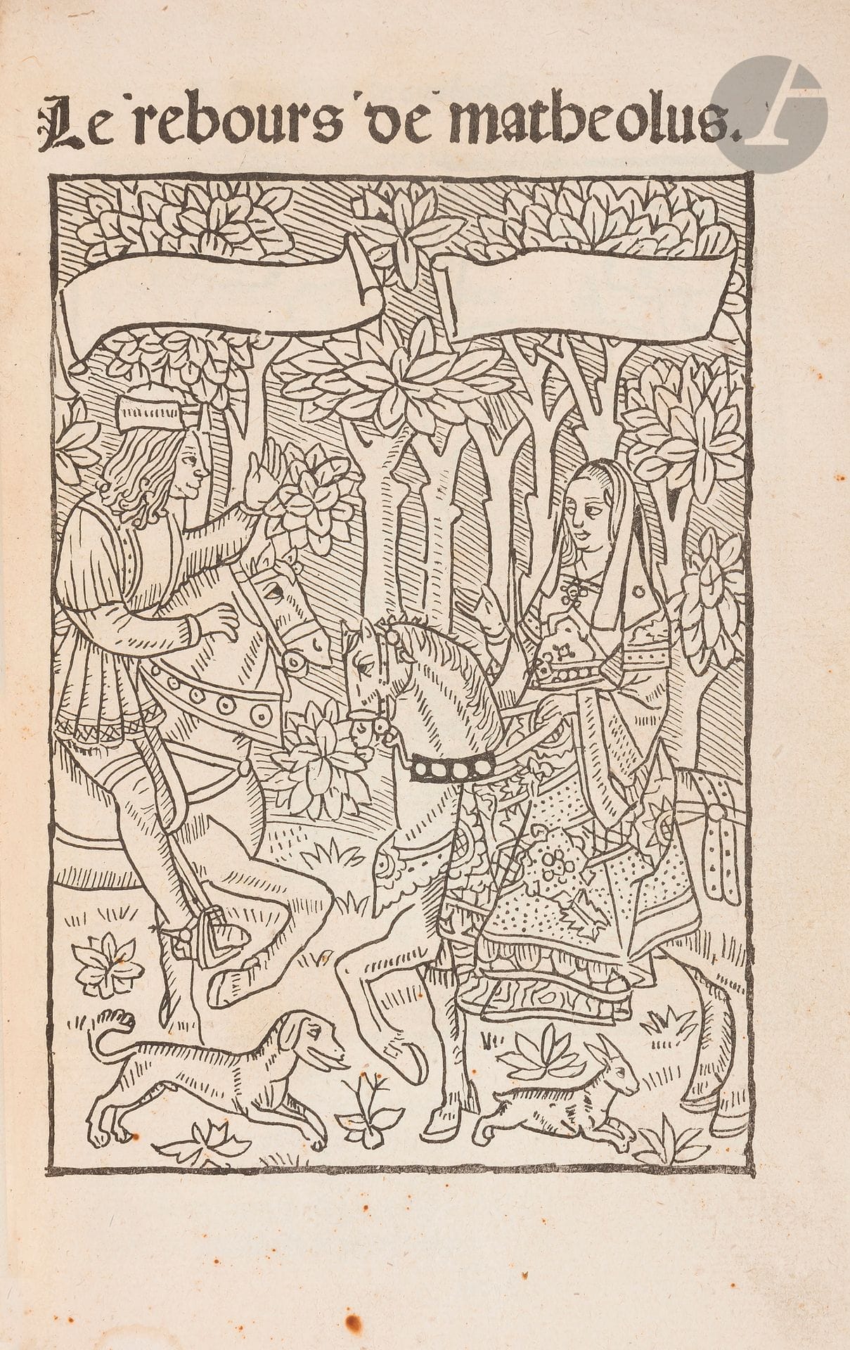 [LE FÈVRE (Jean)].
Le Rebours de Matheolus.
Paris: Michel Le Noir, 1518 [1846]. —In-8, 193x124: (60 ff.). Maroquin vert foncé à long grain, large roulette dorée en bordures extérieures des plats et en continu aux extrémités du dos, dos à nerfs orné, roulette dorée intérieure (reliure de l’époque).

Bechtel, M-179.
Reproduction en fac-similé de l’édition donnée par Michel Le Noir en 1518 de ce poème en vers prenant la défense des femmes et du mariage, attribué à l’écrivain et traducteur Jean Le Fèvre (1320?-138.).
Il s’agit d’un texte qui est le contre-pied de celui, profondément misogyne, du Livre de Mathéolus que Le Fèvre avait lui-même traduit et adapté. L’édition princeps, plus ample, parut vers 1506 sous le titre Le Resolu en mariage.
Cette édition est une reproduction en fac-similé au format in-8, faite, selon Bechtel, à 40 exemplaires en 1846. Elle comprend bien les deux grands bois situés au recto et au verso du premier feuillet, ainsi que la belle marque de Michel Le Noir au verso du dernier feuillet.
Cet exemplaire est imprimé sur papier vergé, très bien relié en maroquin vert.
Petite fente à un mors, coins très légèrement émoussés et quelques rares traces de frottements, gardes renouvelées. Rousseurs éparses sans gravité.