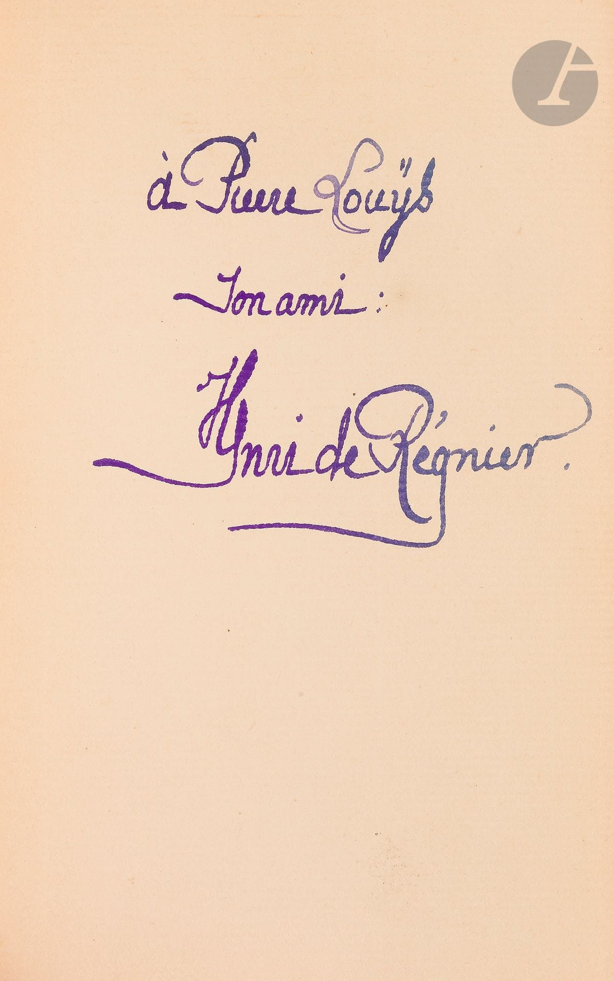 RÉGNIER (Henri de).
La Canne de Jaspe. Monsieur d’Amercœur. Le Trèfle noir. Contes à soi-même.
Paris: Mercure de France, 1897. —In-12, 181x117: (2 ff. premier blanc), 316 pp., (2 ff. dernier blanc), couverture imprimée. Veau marbré, triple filet doré en encadrement sur les plats, dos à nerfs orné, roulette dorée intérieure, tranches dorées, couverture conservée (E. Carayon).

Édition en partie originale.
Un des 21 exemplaires sur papier de Hollande, celui-ci non numéroté, offert par l’auteur à Pierre Louÿs, portant cet envoi autographe signé sur le premier feuillet blanc:
  à Pierre Louÿs // son ami: // Henri de Régnier
Charnières en partie fendues.
Provenance:
Pierre Louÿs, avec envoi de l’auteur (vente 1926, n°399).