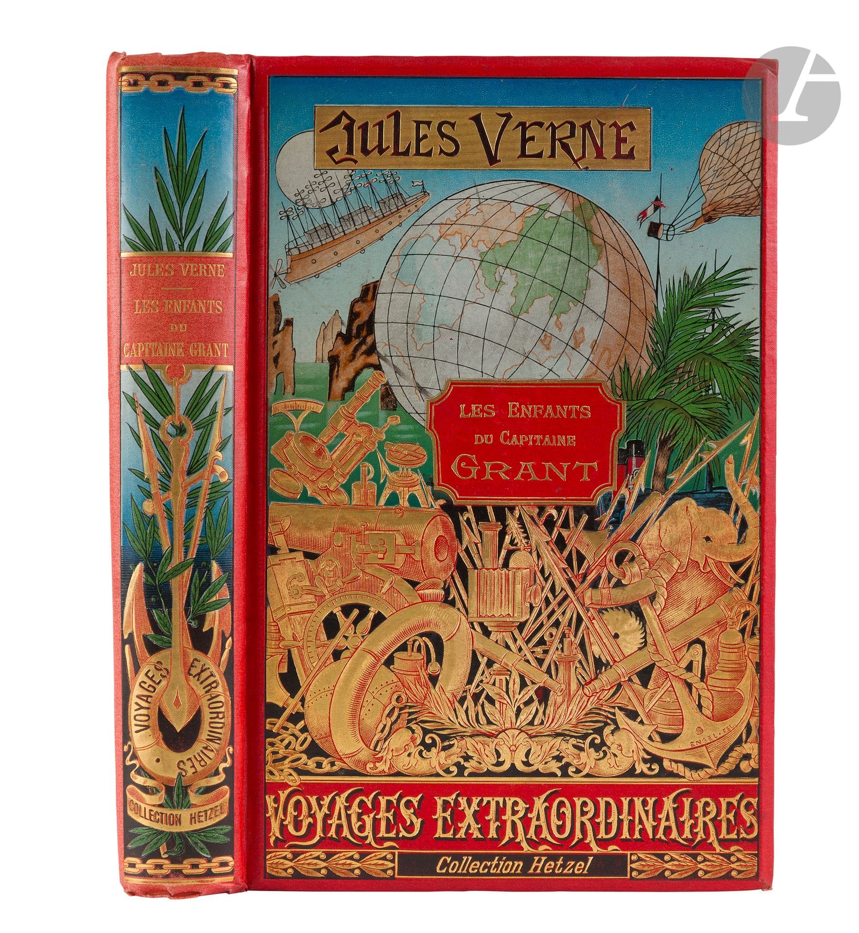 VERNE (Jules).
Les Enfants du capitaine Grant. Voyage autour du monde.
Paris: Collection Hetzel, [1908]. — In-8 double, 270x176: (2 ff.), 620 pp. Cartonnage polychrome «au dos à l’ancre», dos au phare, tranches dorées (Engel).

Nouvelle édition illustrée de compositions d’Édouard Riou gravées par Pannemaker.
Exemplaire en cartonnage «au dos à l’ancre», faisant partie du cinquième tirage paru en 1908. Second plat du type Engel «i».
Cartonnage en très bel état malgré la charnière intérieure du premier plat fragile.