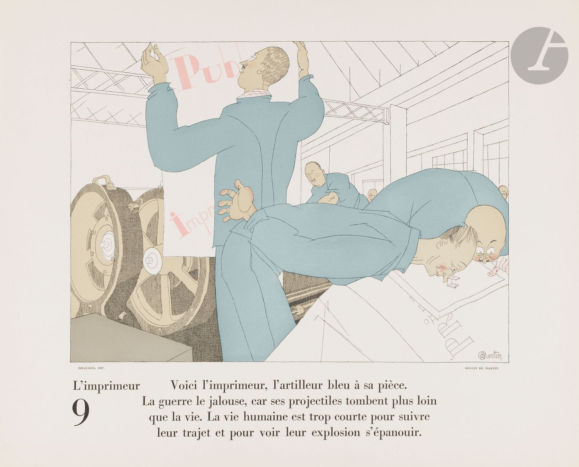 COCTEAU (Jean) - MARTIN (Charles).
Soignez la gloire de votre firme et l’excellence de vos marchandises, car, si vous les jugez bonnes votre intérêt devient l’intérêt général.
Montrouge: Draeger frères, 1924. —In-folio, 382x310: (4 ff. premier blanc), 11 planches, couverture illustrée. En feuilles, sous chemise avec jaquette ornée d’un décor typographique.

Pages d’or de l’édition publicitaire, n°82.
Prestigieux album à la gloire de la publicité et de l’imprimerie, auquel collaborèrent l’éditeur et imprimeur Draeger pour l’impression, Jean Cocteau pour le texte et Charles Martin pour les illustrations. Le texte est un trésor de présentation typographique et interpelle les annonceurs pour les encourager à faire éditer des catalogues Draeger. Il est accompagné de 11 planches en couleurs dessinées par Charles MARTIN dans le plus pur esprit Art déco.
«Ce catalogue est la célébration parfaite, jamais égalée, des métiers de l’édition, ainsi que l’un des plus prestigieux albums DRAEGER» (Pages d’or de l’édition publicitaire, n°82).
Exemplaire très bien conservé malgré quelques salissures à la couverture et de petites déchirures au dos.