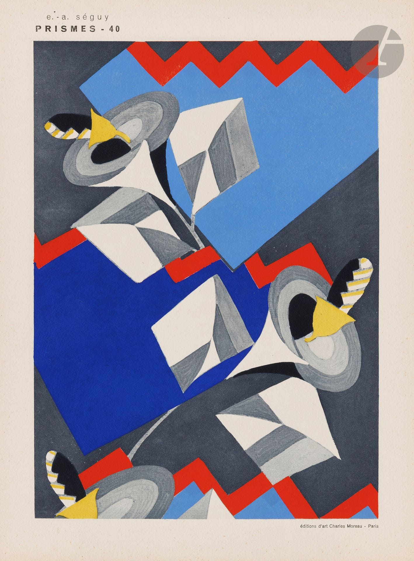SÉGUY (Émile-Allain).
Prismes.
Paris: Charles Moreau, [1930]. —Album in-4, 322x243: (2 ff.), 40 planches. En feuilles, sous chemise cartonnée et illustrée de l’éditeur, lacets en tissu noir.

Édition originale de ce rare album de 40 planches au pochoir, représentant autant de créations décoratives de l’ornemaniste et décorateur Émile-Allain Séguy (1877-1951).
Il s’agit certainement du plus beau et du plus recherché des albums qu’il composa, proposant, après 30 ans d’activité, un tournant dans ses réalisations artistiques. Oublié le style Art Nouveau, il propose un nouveau design basé sur des formes géométriques et futuristes et avec des nouvelles palettes de couleurs, montrant qu’il était l’un des rares créateurs capables de passer avec autant de talent du style Art Nouveau à celui d’Art Déco.
Les planches étaient souvent vendues individuellement, les exemplaires ainsi complets sont aujourd’hui devenus très rares.
Exemplaire très bien conservé.