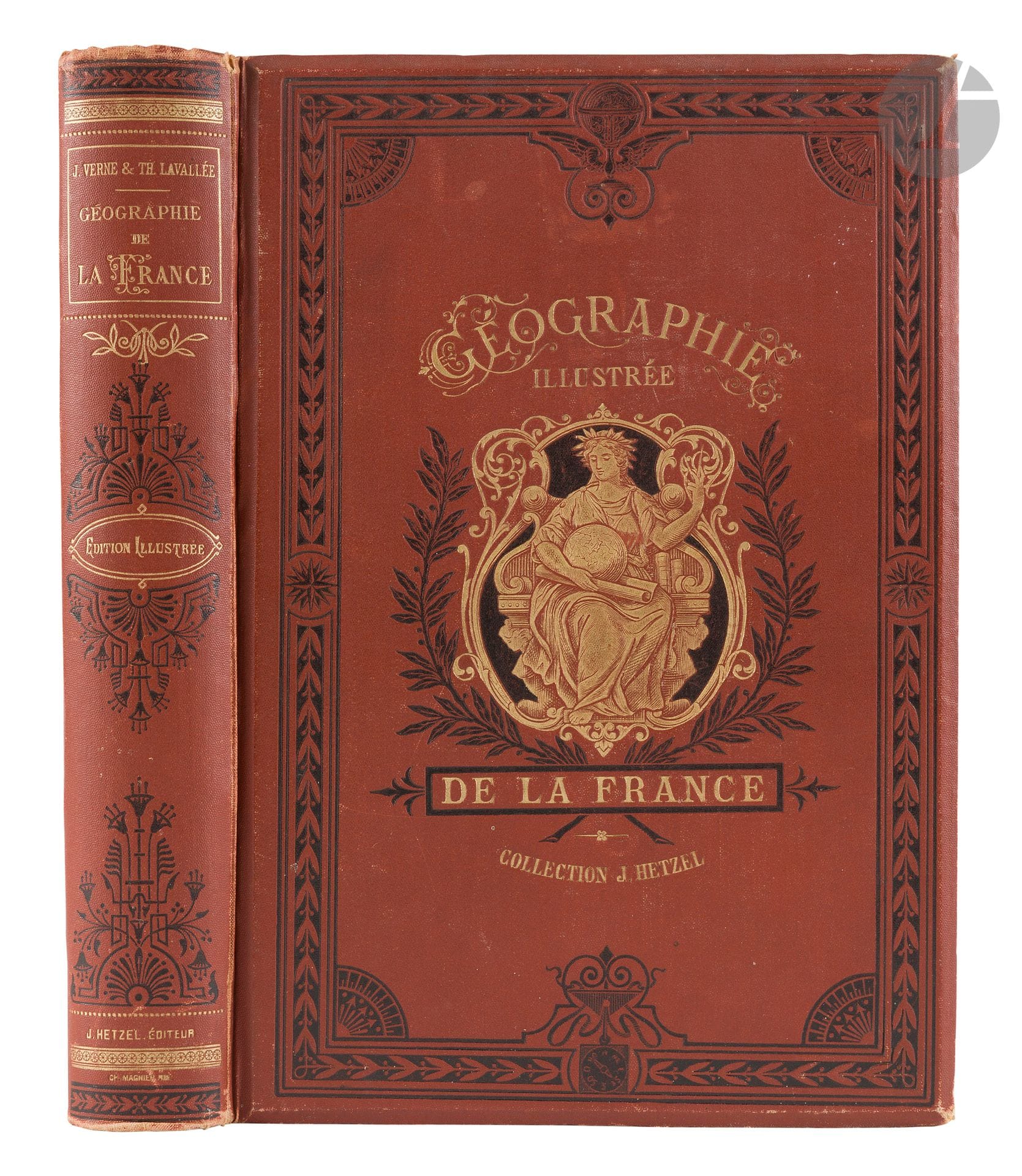 VERNE (Jules).
Géographie illustrée de la France et de ses colonies… précédée d’une étude sur la géographie générale de la France par Théophile Lavallée.
Paris: Bibliothèque d’éducation, [1884]. — In-8, 280x198: (2 ff.), pp. a-d, XXXII, 775 pp., 7 pp. de cat. Percaline havane, plats biseautés ornés d’un bel encadrement en noir, fer allégorique doré et noir au centre du premier plat, accompagné du titre et de l’éditeur en lettres dorées, rosace en noir au centre du second plat, tranches dorées (Ch. Magnier).

«Nouvelle édition entièrement revue textes et cartes et donnant l’état comparatif de l’Alsace-Lorraine avant et depuis 1870. Travail absolument inédit par M. Dubail» (titre). Elle est illustrée de nombreuses cartes et de compositions d’Édouard Riou et Hubert de Clerget.
Cartonnage du type IV C. Catalogue CH (1884-1885) relié à la fin.
Frottements d’usage essentiellement aux coins et au coiffes. Rousseurs éparses.