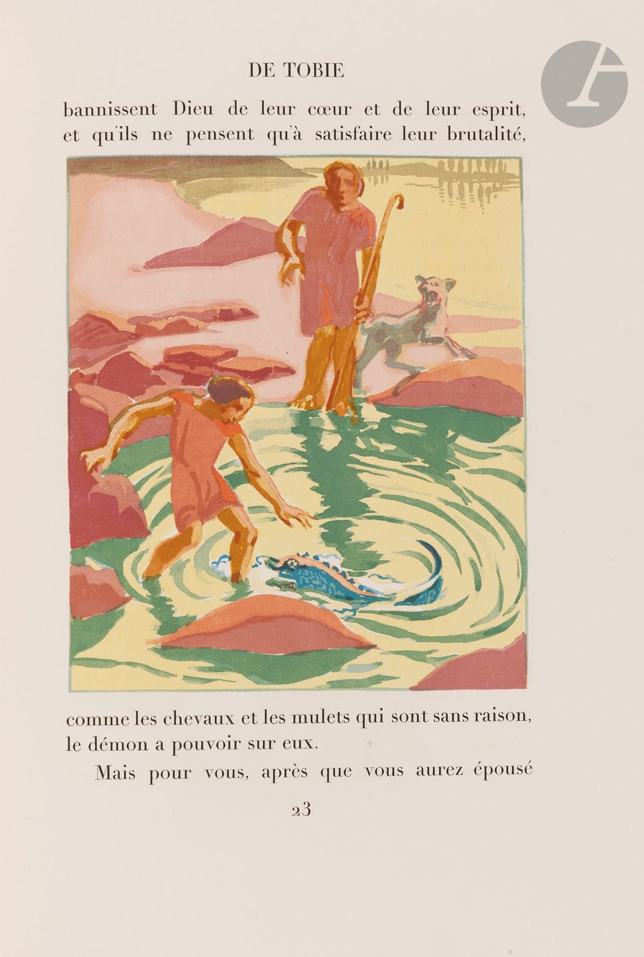 DENIS (Maurice).
Le Livre de Tobie. Translated from the Vulgate by Le Maistre de Sacy, with a preface by Abbé Jean-Pierre Altermann.
Paris, 1929. -In-folio, 350x254: (3 ff.), VII pp., (1 blank f.), 50 pp., (3 last blank ff.), printed cover. Dark brown morocco, boards decorated with a double frame of black fillets, decorated with a fleuron at the corners of the two frames and small parallel fillets gilded in the inner frame, all framing a large central rectangle divided into 12 compartments drawn with black fillets, each adorned with a gilt lozenge, ribbed spine, dark brown morocco frame inside, adorned with a gilt straight and zigzag fillet, gilt fleuron at corners, brown moiré silk lining and endpapers, double endpapers, gilt head, untrimmed, cover retained, case (A. Bruel, Angers).

Edition of 200 copies, illustrated with 29 color compositions by Maurice DENIS (1870-1943), wood-engraved by Jacques Beltrand.
COPY ENRICHED WITH ONE OF THE 25 SUITES OF ALL THE WOODCUTS WITH COLOR BREAKDOWN. This suite is justified and signed by Jacques Beltrand on a front leaf.
A very fine copy, probably bound in the 1950s by the Angevin bookbinder André Bruel.
Spine slightly faded. Frequent foxing.