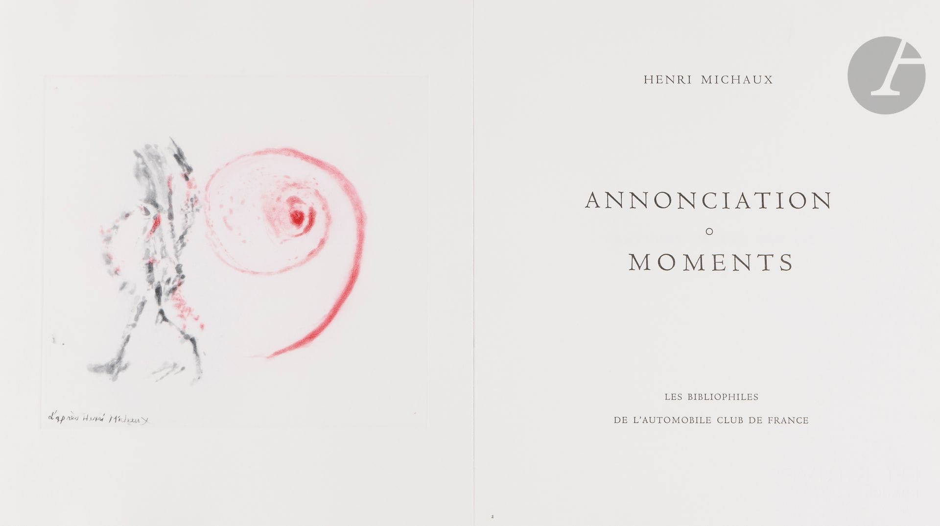 WOU-KI (Zao) - MICHAUX (Henri).
Annonciations. Moments.
Paris: Les Bibliophiles de l’automobile club de France, [1996]. —In-folio, 344x304: (40 ff. 2 premiers et 2 derniers blancs), couverture imprimée. En feuilles, couverture rempliée, chemise et étui en toile rouge de l’éditeur.

Édition originale constituant le 23e ouvrage de la Compagnie des Bibliophiles de l’Automobile Club de France.
Elle est illustrée de 7 aquatintes originales en couleurs à pleine page de Zao WOU-KI (1920-2013), non signées. La couverture est sur japon nacré.
Tirage à 130 exemplaires sur papier vélin BFK de Rives. Un des 100 réservés aux membres et à la bibliothèque de la Compagnie, celui-ci spécialement imprimé pour Alain Grimpel.
Exemplaire parfaitement conservé.