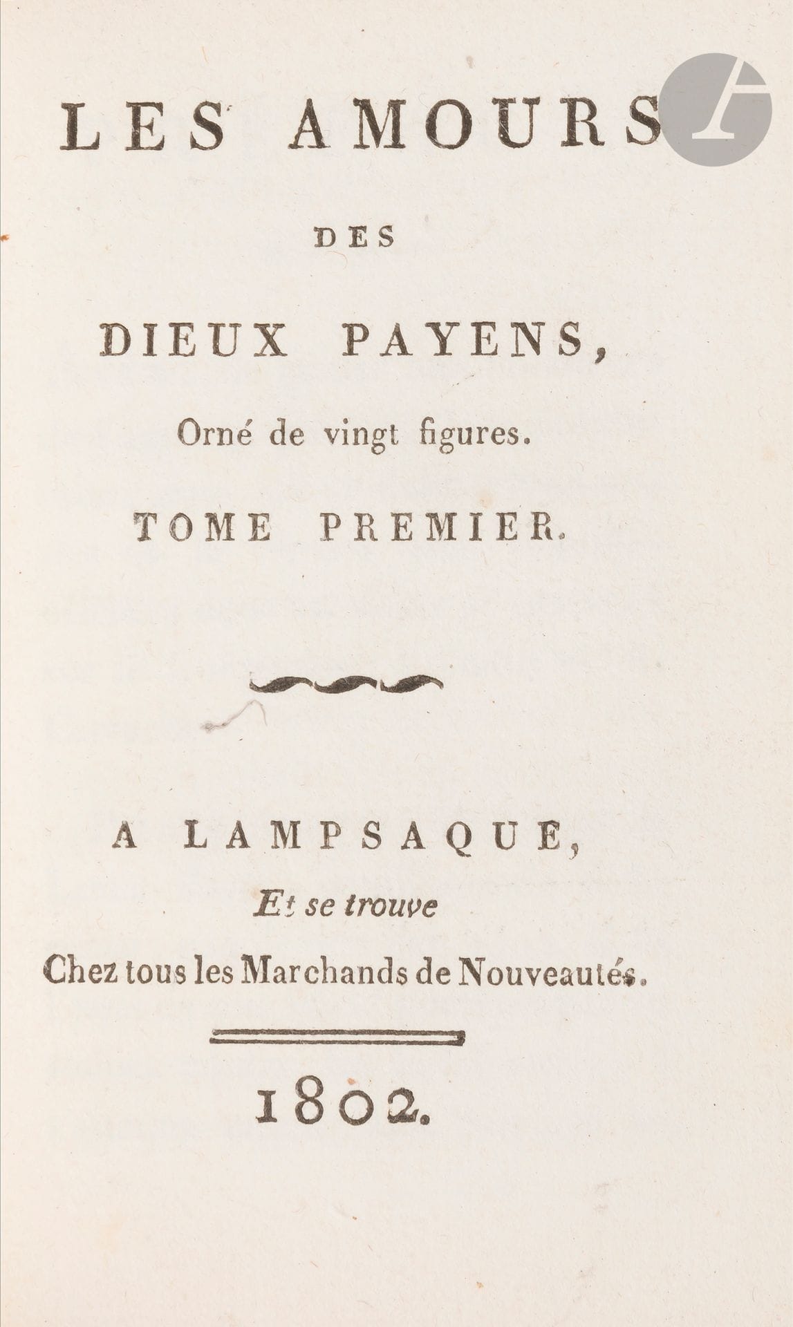 [CURIOSA].
Les Amours des dieux payens.
Lampsaque: chez tous les Marchands de Nouveautés, 1802. — 2 tomes en un volume in-18, 131x82: (2 ff.), 106 pp., 9 planches; (2 ff.), 107 pp., 11 planches. Demi-maroquin bleu foncé, dos à nerfs orné, tranches rouges (L. Fixon).

Dutel, A-62. - Pia, 46.
Charmante édition du texte de Simon-Célestin Croze-Magnan, illustrée de 20 planches libres qui sont une reproduction de celles figurant dans l’édition in-16 ou in-18 publiée vers 1798 intitulée L’Aretin d’Auguste Carrache. Ces dernières reproduisaient déjà les 20 gravures de Jacques-Joseph Coiny publiées par Didot en 1798 au format in-4.
Dutel et Pia mentionnent en plus un frontispice dont il est question au début de la préface. Il est écrit: «nous allons donner une notice de la vie des deux hommes célèbres dont les noms se trouvent sur le frontispice; l’Arétin et A. Carrache.» Le terme «frontispice» renvoie ici au titre et non à une gravure, d’où le fait qu’aucun exemplaire ne la possède. Cette préface reprend celle publiée dans l’édition publiée vers 1798 qui n’a pas de frontispice mais dont le titre L’Aretin d’Auguste Carrache mentionne bien les deux noms.
Bel exemplaire relié par Léon Fixon, ancien ouvrier de Thouvenin, qui exerça jusqu’en 1850 environ.
Dos très légèrement passé.