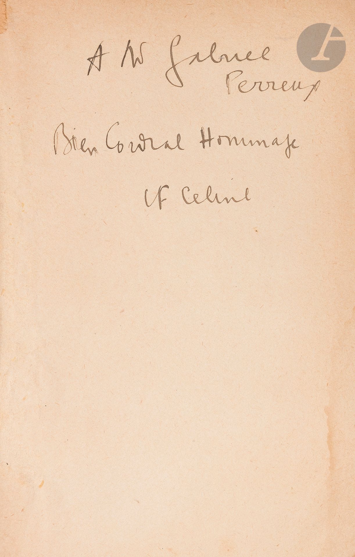 CÉLINE (Louis-Ferdinand).
Voyage au bout de la nuit. Roman.
Paris: Denoël et Steele, [1932].—In-8, 187x117: 623 pp., couverture imprimée. Broché.

Réimpression en offset de l’édition originale réalisée par l’Imprimerie française de l’Édition. Cet exemplaire porte la mention de «97e édition» sur la couverture.
Exemplaire de l’historien, journaliste et haut fonctionnaire Gabriel Perreux, enrichi de cet envoi autographe signé de l’auteur sur le premier feuillet: 
A M Gabriel // Perreux // Bien Cordial Hommage // LF Céline
Salissures à la couverture, petite déchirure à deux angles. Traces de colle sur le bord du premier feuillet. Petite mouillure claire sans gravité sur le bord des premiers feuillets.
