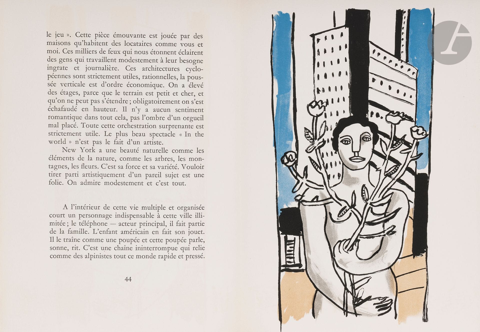 LÉGER (Fernand).
Mes voyages avec un poème d’Aragon.
[Paris]: Les éditeurs français réunis, 1960. — In-folio, 385x271: 178 pp., (23 ff. 2 derniers blancs), couverture imprimée. En feuilles, couverture rempliée, chemise et étui de l’éditeur.

Édition originale débutant par un long poème-préface de Louis Aragon. Elle est illustrée de 27 lithographies en noir et en couleurs de Fernand LÉGER (1881-1955), dont 3 sur double page et 24 à pleine page, tirées par Mourlot frères sous la direction de Nadia Léger.
Tirage limité à 291 exemplaires sur vélin d’Arches. Celui-ci est l’un des 250 numérotés de 12 à 261.
Exemplaire très bien conservé.