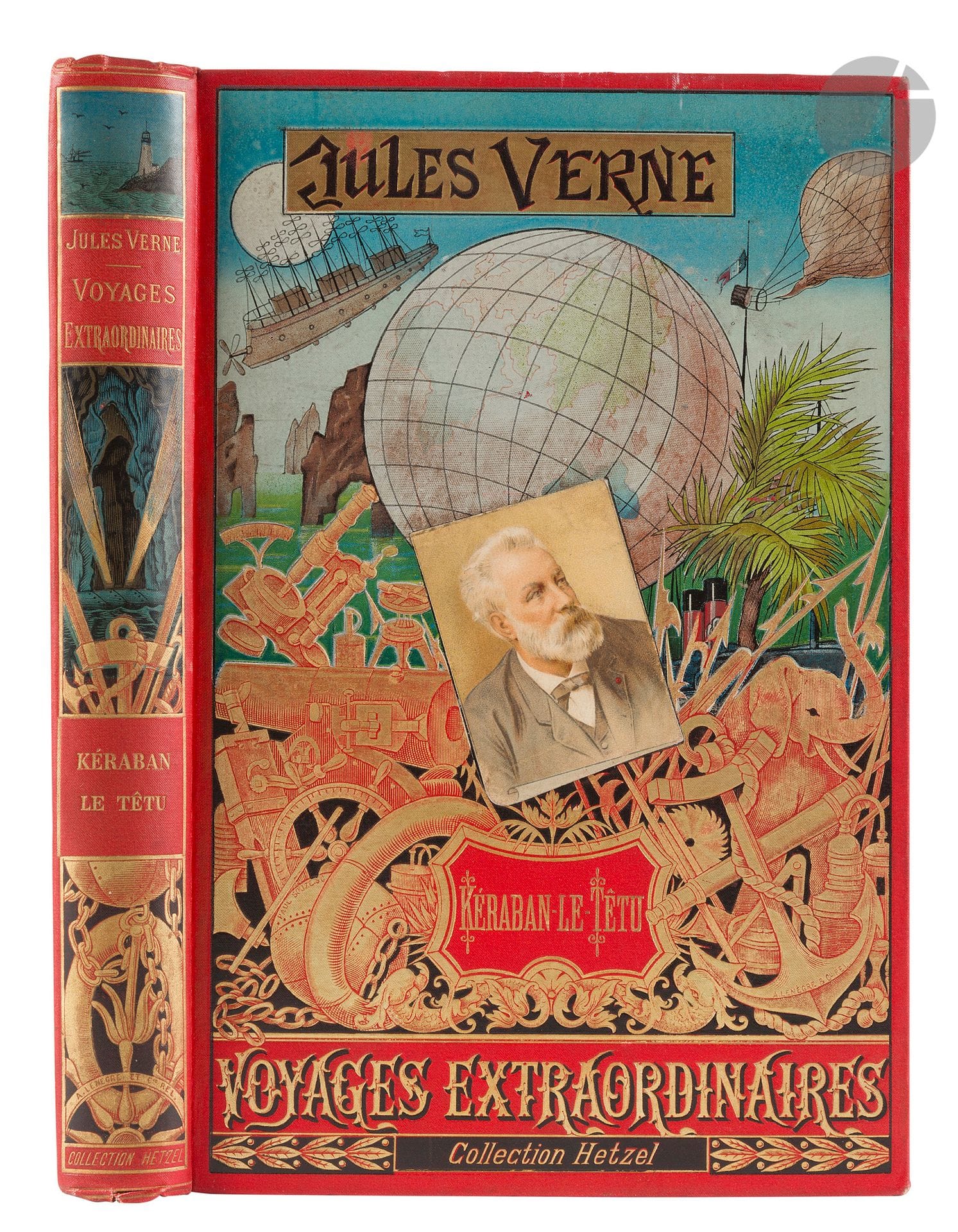 VERNE (Jules).
Kéraban-le-têtu. 101 dessins et une carte, par Benett.
Paris: Bibliothèque d’éducation et de récréation, J. Hetzel et Cie, [1892-1893]. — In-8 double, 271x178: (2 ff.), 410 pp., (4 ff. de cat.). Cartonnage percaline polychrome au portrait collé, dos au phare, tranches dorées (Lenègre).

Édition illustrée par Léon Benett.
Exemplaire en cartonnage polychrome au portrait collé et le dos au phare. Second plat de type Lenègre «e». Catalogue GK (1891-1892) relié à la fin.
Exemplaire très bien conservé malgré une petite griffure sans gravité au niveau du palmier sur le premier plat.